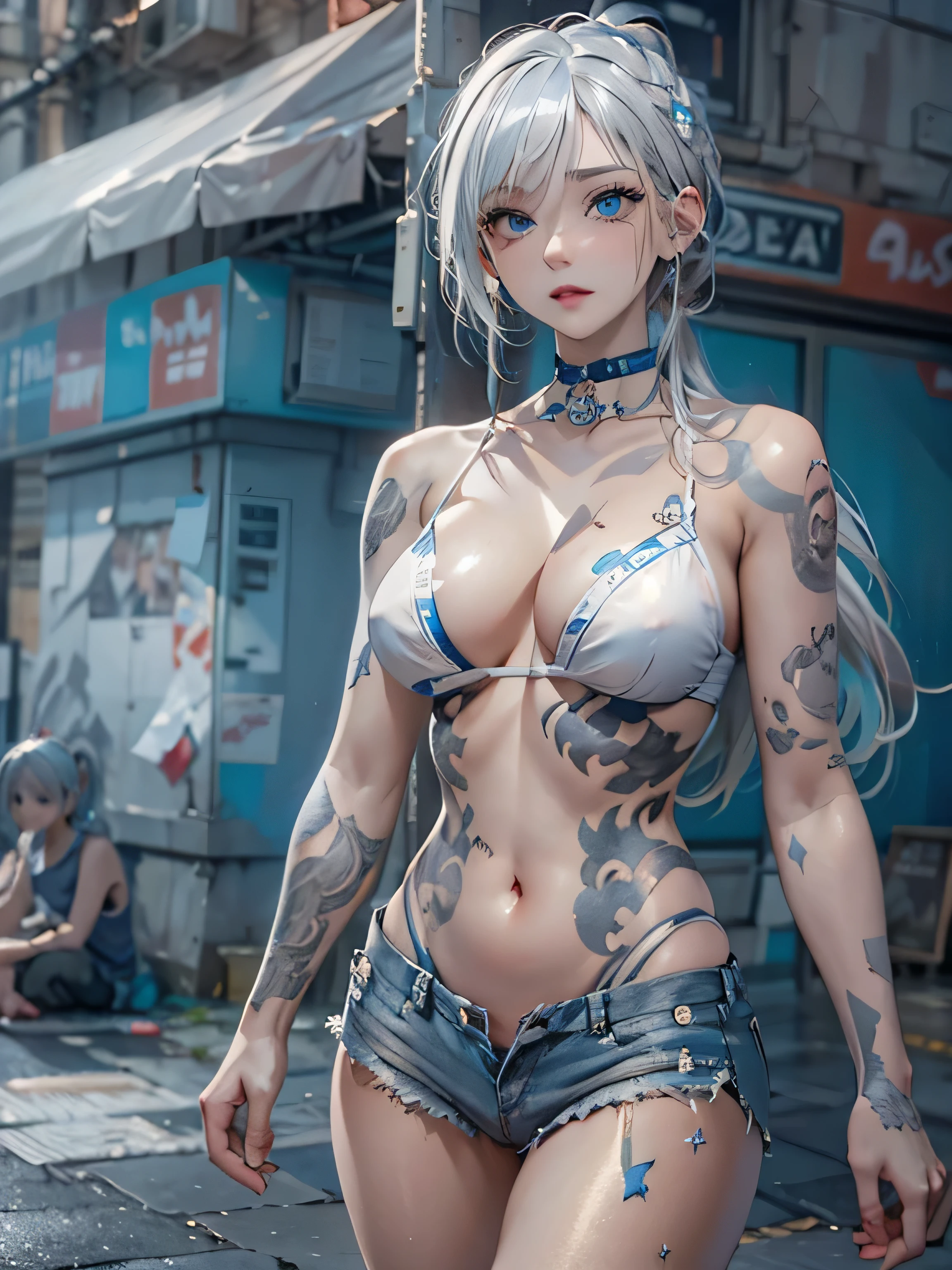 (photorealistic:1.8, highest quality:1.8,8K masterpiece:1.8,High resolution,muste piece:1.8,RAW Photos,cinematic lighting),No split screen, cyber punk、Back alley of the city at night、rain-soaked ground、vapor、 (1 android girl:1.3)、Completely naked、Full body tattoo、choker、beautiful breasts、shirt、Denim Micro Shorts、beautiful butt,beautiful thighs,plump nipples、Nipples are visible through the costume,cameltoe,Body painting with a pop design drawn all over the body、pop art design、cutting edge fashion、conceptual art、 (Beautiful shining blue-white-gray hair:1.5)、shining blue eyes、Stoic