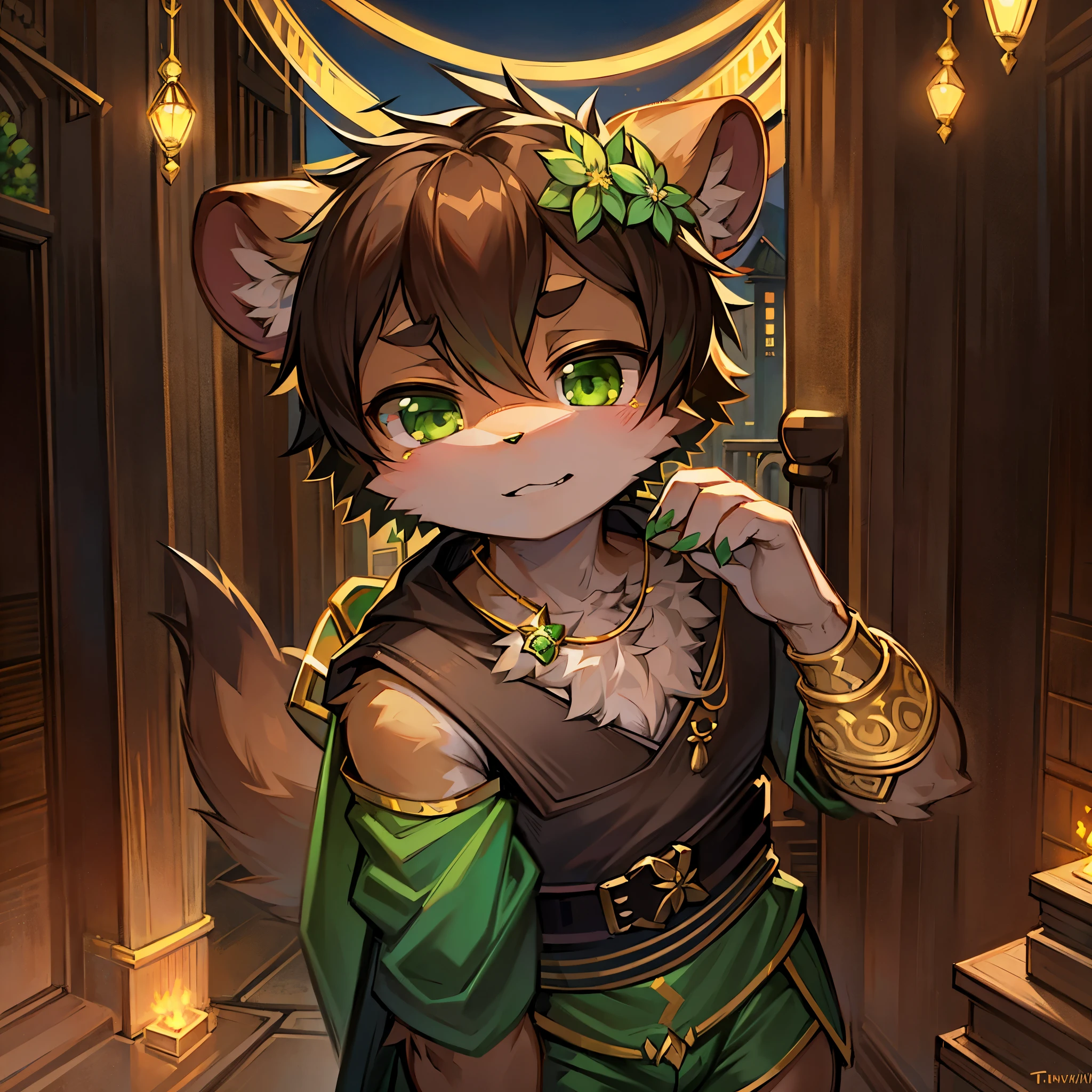 masterpiece, soft shading, perfect anatomy, perfect lighting, perfect focus, vibrant, solo, 1 ninja, Furry,fey tanuki, anthropomorphic, male, brown fur,brown skin, green eyes,green kennen (lol) outfit,flower crown, shorts, green amulet ,steampunk city, uploaded on e621,holding 1 shuriken, cute 