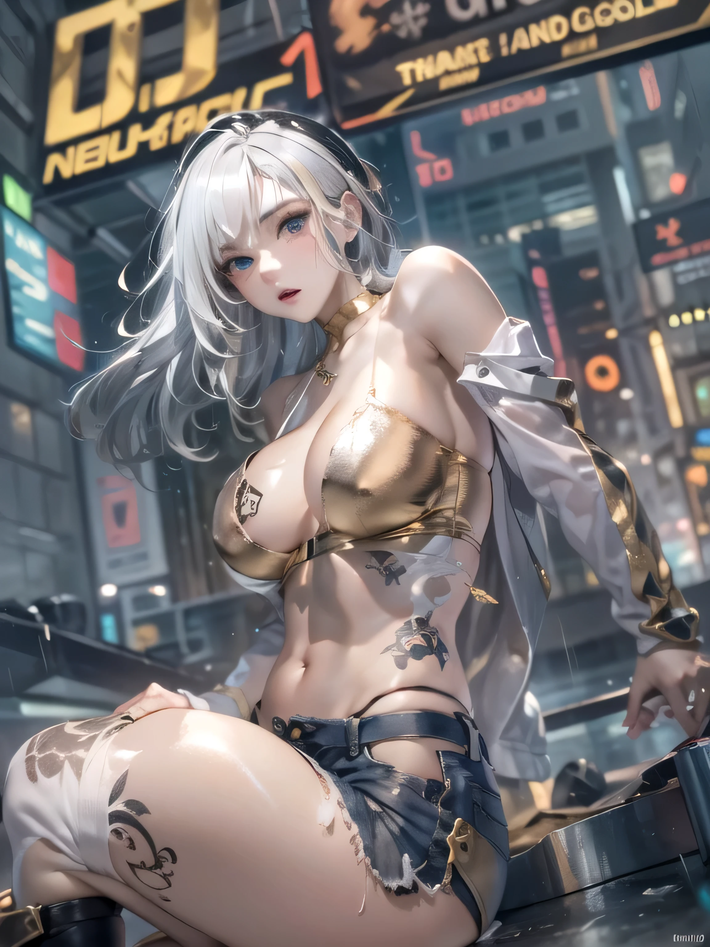 (photorealistic:1.8, highest quality:1.8,8K masterpiece:1.8,High resolution,muste piece:1.8,RAW Photos,cinematic lighting),No split screen, cyber punk、Back alley of the city at night、rain-soaked ground、vapor、
(1 android girl:1.3)、Completely naked、Full body tattoo、choker、beautiful breasts、shirt、Denim Micro Shorts、beautiful butt,beautiful thighs,plump nipples、Nipples are visible through the costume,cameltoe,Body painting with a pop design drawn all over the body、pop art design、cutting edge fashion、conceptual art、
Provocative sexy poses、look back、spread your legs、
(Beautiful, shining pale-white, gray-gold hair:1.5)、shining blue eyes、Stoic