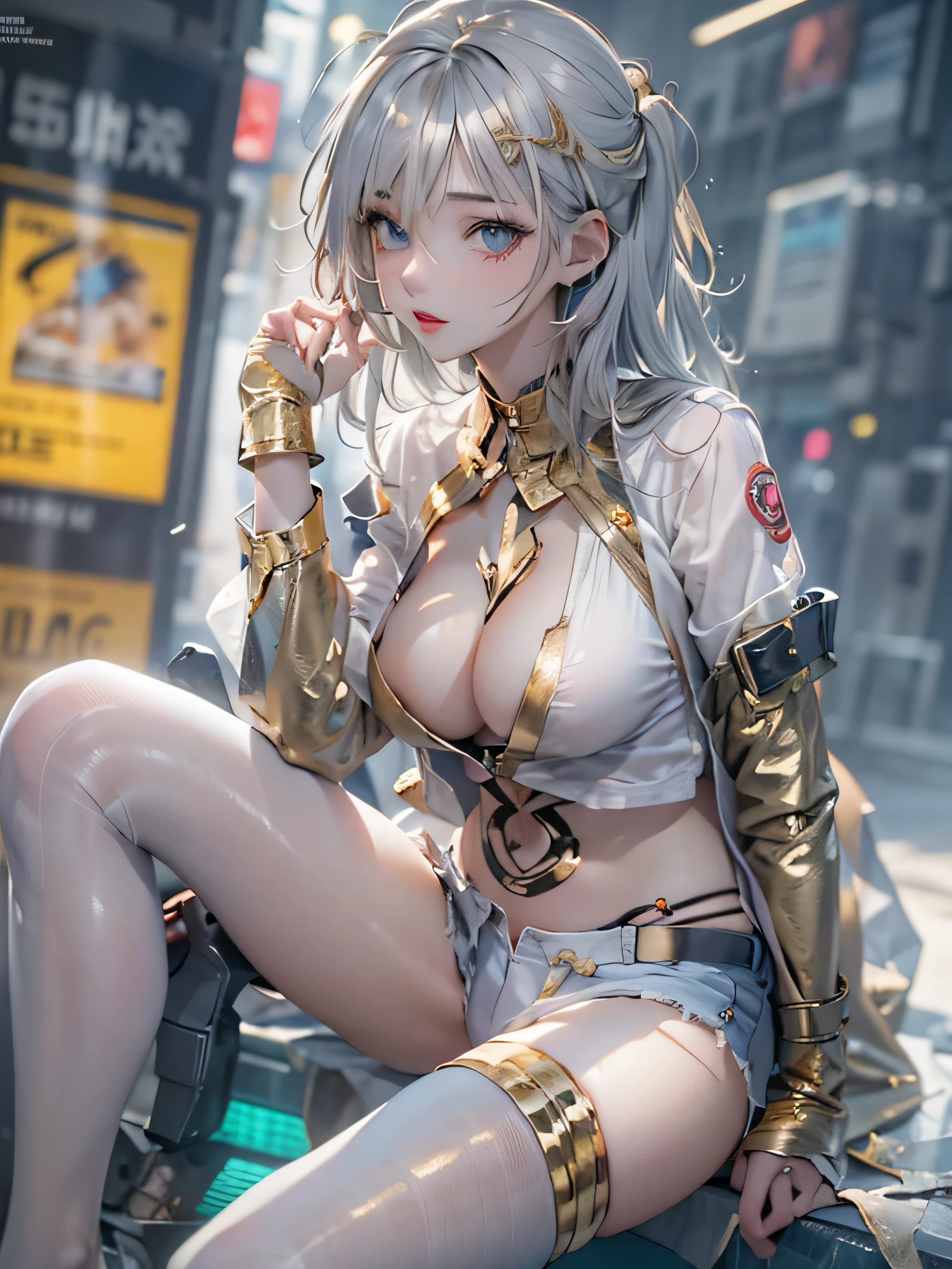 (photorealistic:1.8, highest quality:1.8,8K masterpiece:1.8,High resolution,muste piece:1.8,RAW Photos,cinematic lighting),No split screen, cyber punk、Back alley of the city at night、rain-soaked ground、vapor、
(1 android girl:1.3)、Completely naked、Full body tattoo、choker、beautiful breasts、shirt、Denim Micro Shorts、beautiful butt,beautiful thighs,plump nipples、Nipples are visible through the costume,cameltoe,Body painting with a pop design drawn all over the body、pop art design、cutting edge fashion、conceptual art、
Provocative sexy poses、look back、spread your legs、(Beautiful, shining pale-white, gray-gold hair:1.5)、shining blue eyes、Stoic