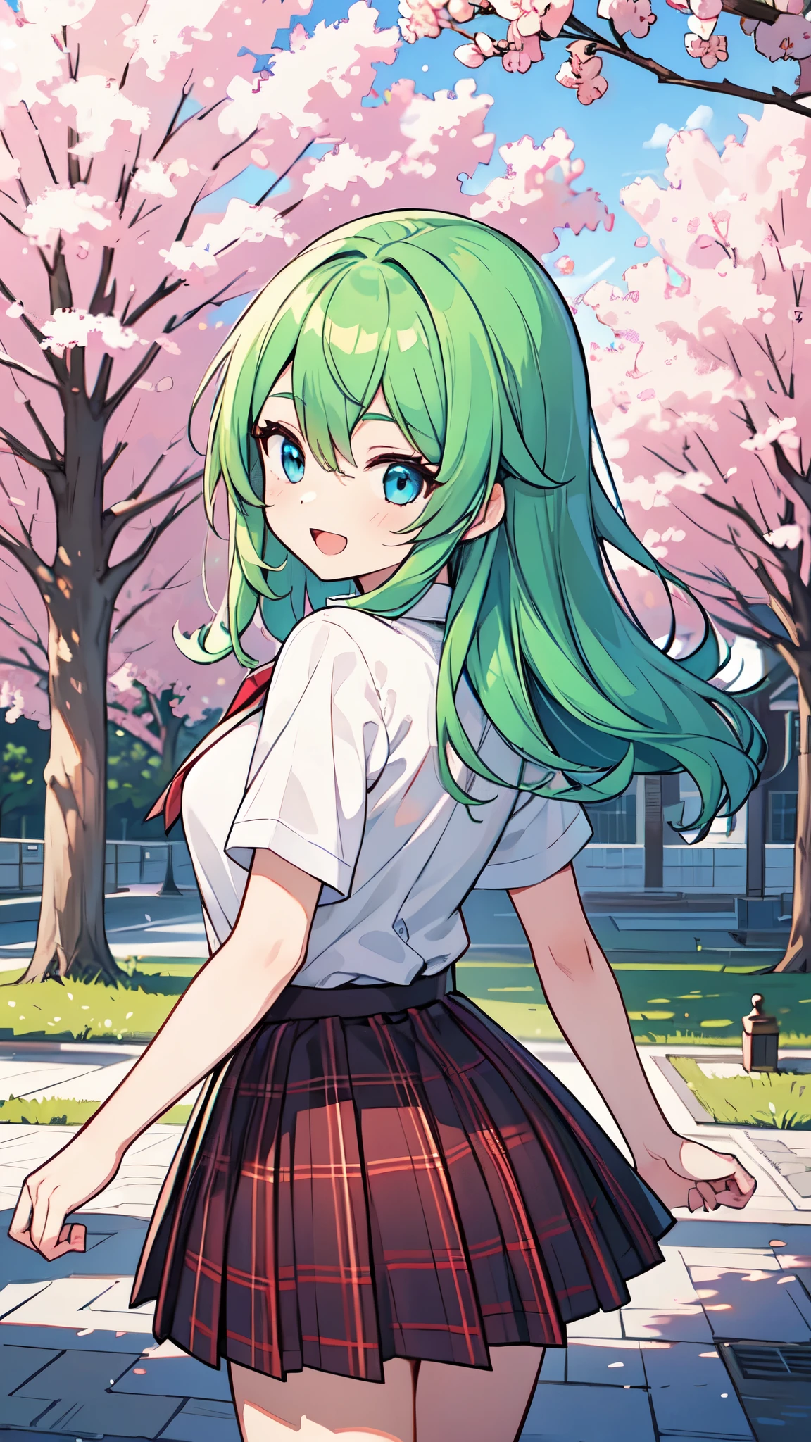 ((A Pretty High School girl with green hair and blue eyes)), ((wearing white collar shirt and plaid skirt)), Baby face, ((master piece, top-quality, ultra-definition, high resolution)), anime girl, ((ultra-detailed illust:1.2)), only one person, bangs, hair between eye, beautiful hair, Beautiful eyes, Medium breasts, Big smile, opened mouth, cherry trees, schoolyard, turn back