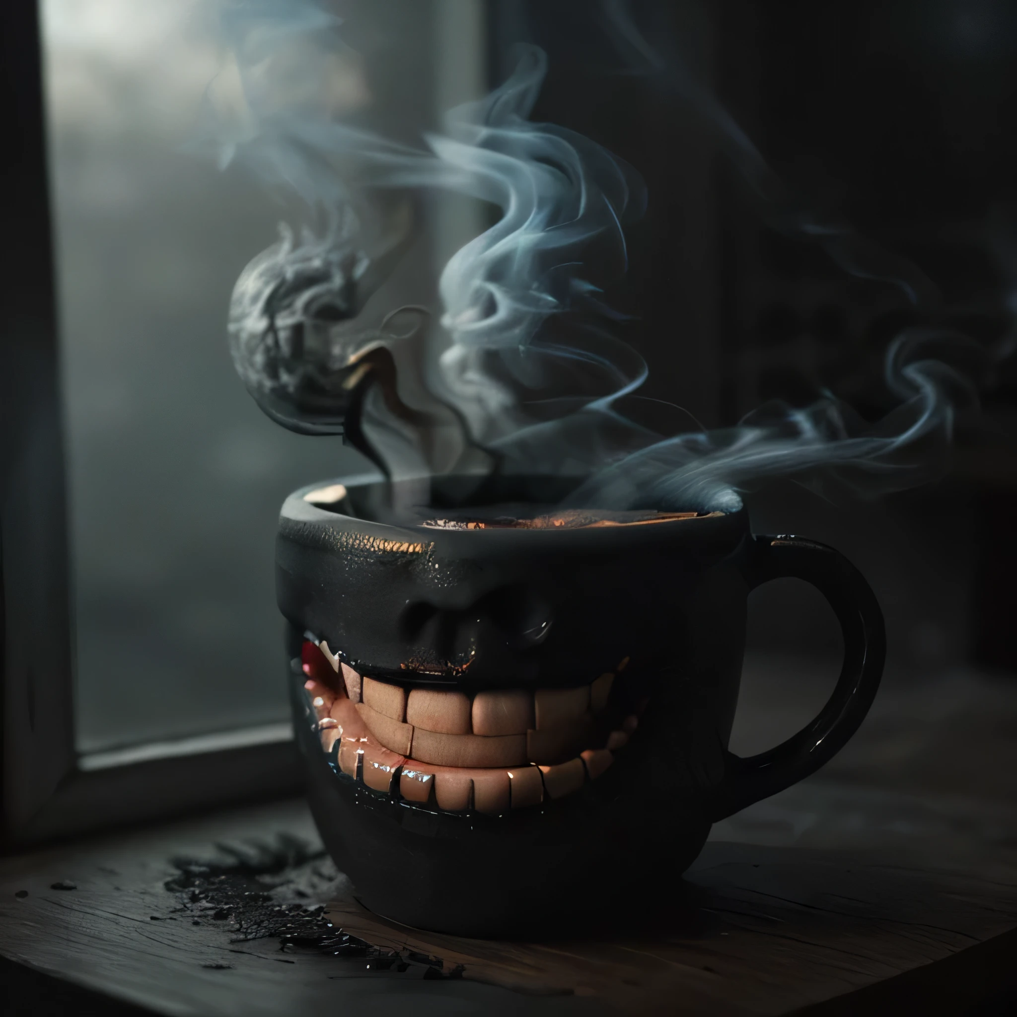the cup turned into a monster, had scary eyes, had sharp teeth with smile, there was smoke coming out of the glass