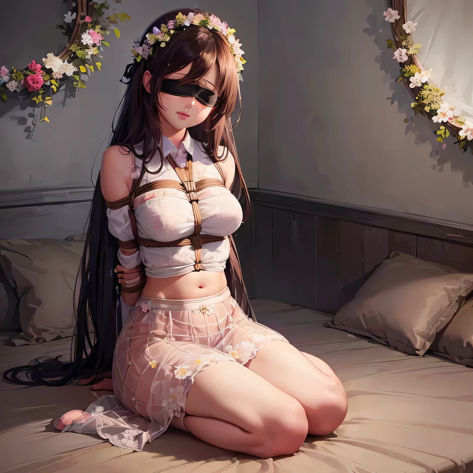 1girl,(bright lighting,romantic setting),dreamy background,,dark hair, mesmerizing gaze, , soft skin, alluring beauty, artistic portrait, high-quality image, vibrant colors,long pink floral sheer skirt, mosquito net, romantic bedroom, sidesuspension,solobound,blindfold,gag