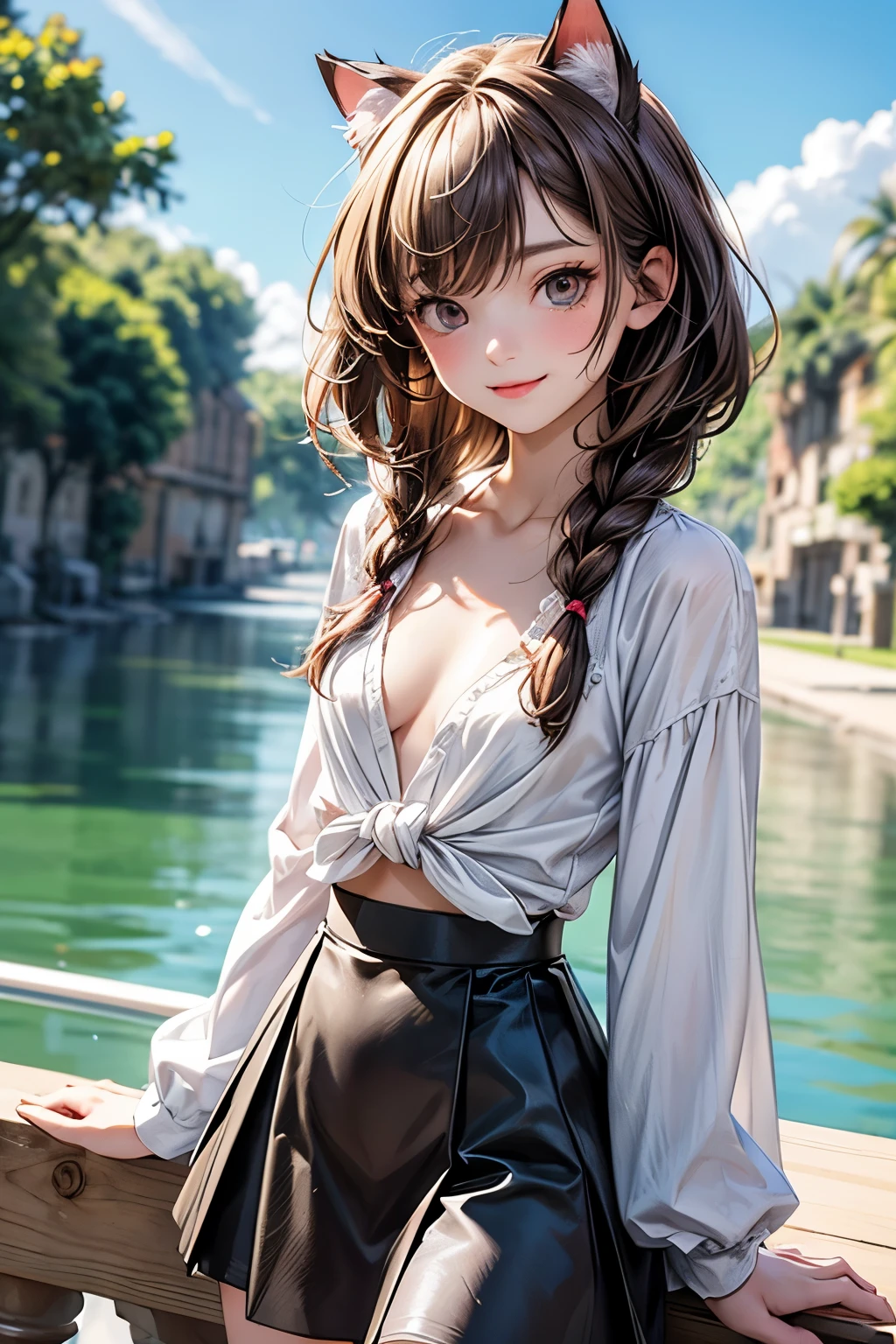 ((Masterpiece)), ((best quality)), (High Definition:1.3), (Professional Photography:1.2), best quality, 8K, Textured skin, cinematic lighting, 1girl, wide-shot, (White front-knotted shirt:1.3), cleavage, exposed neck, (open-necked shirt), (Cute innocent girl), slendar body, small breast, glossy medium hair, (short braided hair), (Wearing tutu skirt), beautiful collarbones, (exposed stomach), cat ears, pale brown hair, innocent posing, (naughty smile), Beautiful and clear waterside, Hair that flutters in the wind
