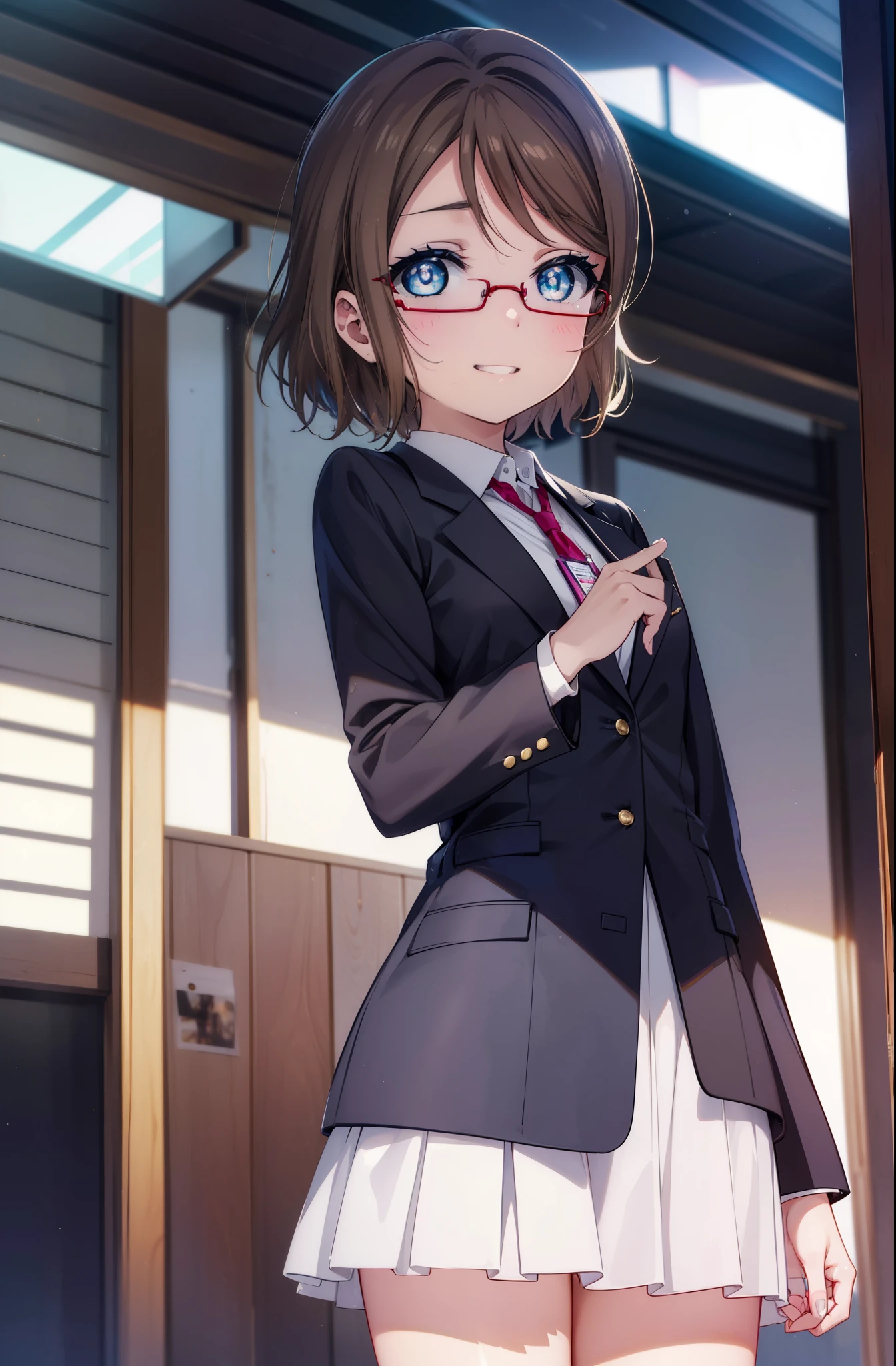 Yowatanabe, Mr. Watanabe, short hair, blue eyes, brown hair, smile, grin and laugh,OL, red glasses, end, black suit jacket, collared jacket, white dress shirt, collared shirt, neckline, button, strap, ID card on neck, black pencil skirt, black pantyhose, stiletto heels,smile, blush, So that the whole body goes into the illustration,looking at the viewer,throw(from below), morning日,morning,太陽が登っている
break outdoors, In town,building street,
break looking at viewer, (cowboy shot:1.5),
break (masterpiece:1.2), highest quality, High resolution, unity 8k wallpaper, (figure:0.8), (detailed and beautiful eyes:1.6), highly detailed face, perfect lighting, Very detailed CG, (perfect hands, perfect anatomy),