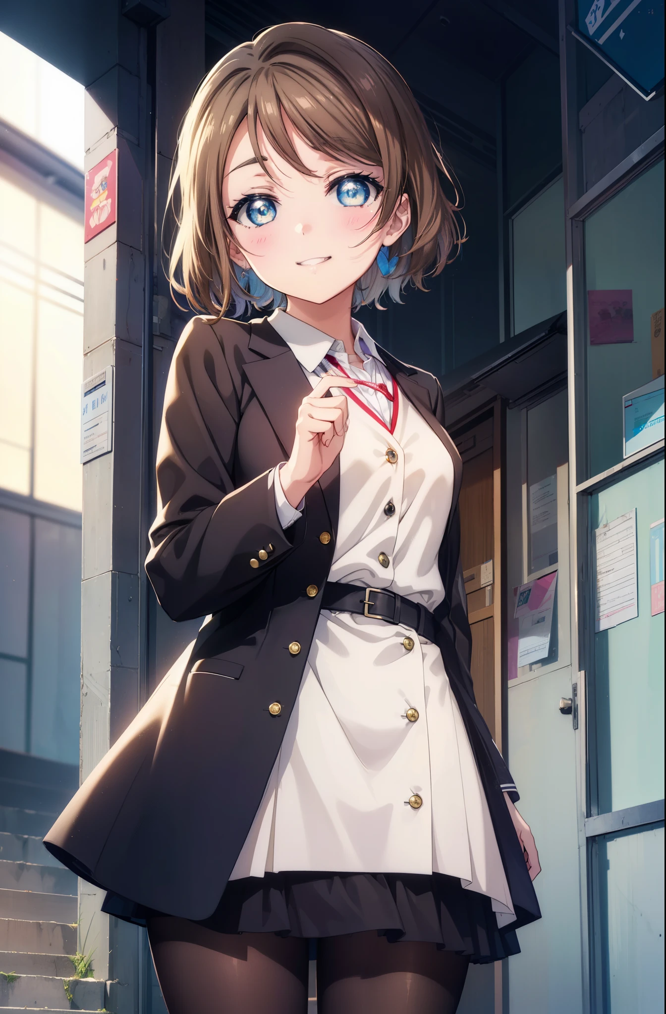 Yowatanabe, Mr. Watanabe, short hair, blue eyes, brown hair, smile, grin and laugh,OL, red glasses, end, black suit jacket, collared jacket, white dress shirt, collared shirt, neckline, button, strap, ID card on neck, black pencil skirt, black pantyhose, stiletto heels,smile, blush, So that the whole body goes into the illustration,looking at the viewer,throw(from below), morning日,morning,太陽が登っている
break outdoors, In town,building street,
break looking at viewer, (cowboy shot:1.5),
break (masterpiece:1.2), highest quality, High resolution, unity 8k wallpaper, (figure:0.8), (detailed and beautiful eyes:1.6), highly detailed face, perfect lighting, Very detailed CG, (perfect hands, perfect anatomy),