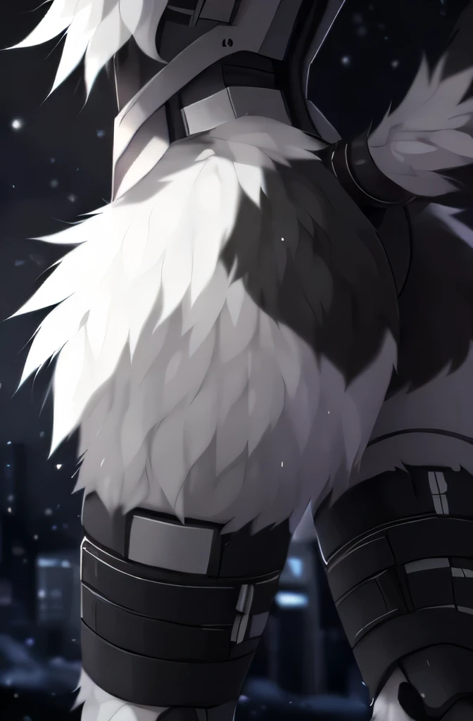 Dark snowy city, ((by reysi)), Furry, solo, ((Australian Shepard)), detailed dark fur, ((teen)), ((male)), ((full body)), ((robot digitigrade legs, robot lower half)), ((slender, skinny)), white hair, (serious, black mascara, ear ring, tight choker), (black tactical bodysuit), (close up on butt)