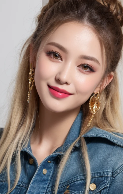 a close up of a realistic person with shoulder length hair wearing a short denim overall and a cropped oversized iridescent gold glitter hoodie, her hair is white, Parted bangs, braid on top of hair, Long sideburns, hair styled as cascading braids bun, with white long hair, with long white hair, her hair is silver, light gray long hair, long hair with pastel colors, sky blue straight hair, with long turquoise hair, light blue hair, white hair color, white beautiful hair, ((greenish blue tones)), big happy smile with theeth, Makeup with jucy red lips, rosy checks, smoky eyeshadow, winged eyeliner (sexy brown, gold and black makeup:1.3), vintage earrings up to the shoulders, Layered bracelets, statement necklace, Best picture quality, masterpiece, ultra high resolution, 8k, cleavage, big , bust detail, hair detail, eye detail, sharp eyes, thin smile, professional lighting