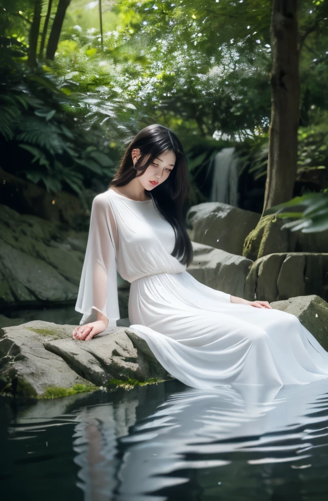 (best quality,4k,8k,highres,masterpiece:1.2),ultra-detailed,(realistic,photorealistic,photo-realistic:1.37),A beautiful floating ghost girl wearing a transparent white dress,soft ethereal lighting,subtle glow,translucent appearance,slightly ethereal atmosphere,misty surroundings,gentle movements,vivid colors,subtle shadows,delicate details,long wavy hair flowing in the air,reflection in the water,peaceful expression,ghostly presence,whispering echoes,dreamlike scenery,sublime beauty,calming aura,subtle emotions,serene atmosphere,pale complexion,delicate facial features,elongated figure,breathtaking elegance,air of mystery,tranquil garden,subdued nature sounds,flowers in full bloom,gentle breeze,subtle interactions with the environment,magical ambiance,ghostly figure blending with the surroundings,surreal composition,impressionistic style,soft brushstrokes,evocative art,seamless integration of the ghostly presence and the natural elements,majestic presence,hauntingly beautiful,subtle transparency,celestial energy,transcendent beauty,ethereal being,whisper in the wind.