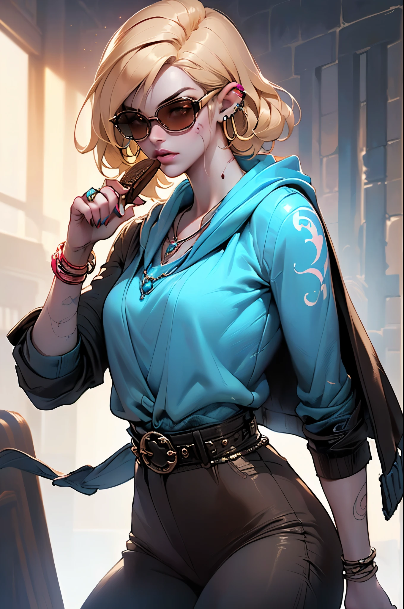 The best possible quality, Ultra 8K resolution, impressive illustration, the best of everything, award-winning, How to be the best, ((short blonde hair, shaved on the side with a black tattoo, leather belt with buckle, an ice cream in hand, Model pose, Add effect at the end, pink leather jacket, long neck scarf, sunglasses, long painted nails, decorative accessories, hoops, rings, necklace:1.6)), (modern light brown wide pants: 1.6 ), ((cyan, brown, white colors: 1.5)), epic desert setting: 1.5, photorealistic: 1.4, skin texture: 1.4, super masterpiece, super detailed, hyper detailed, 32k