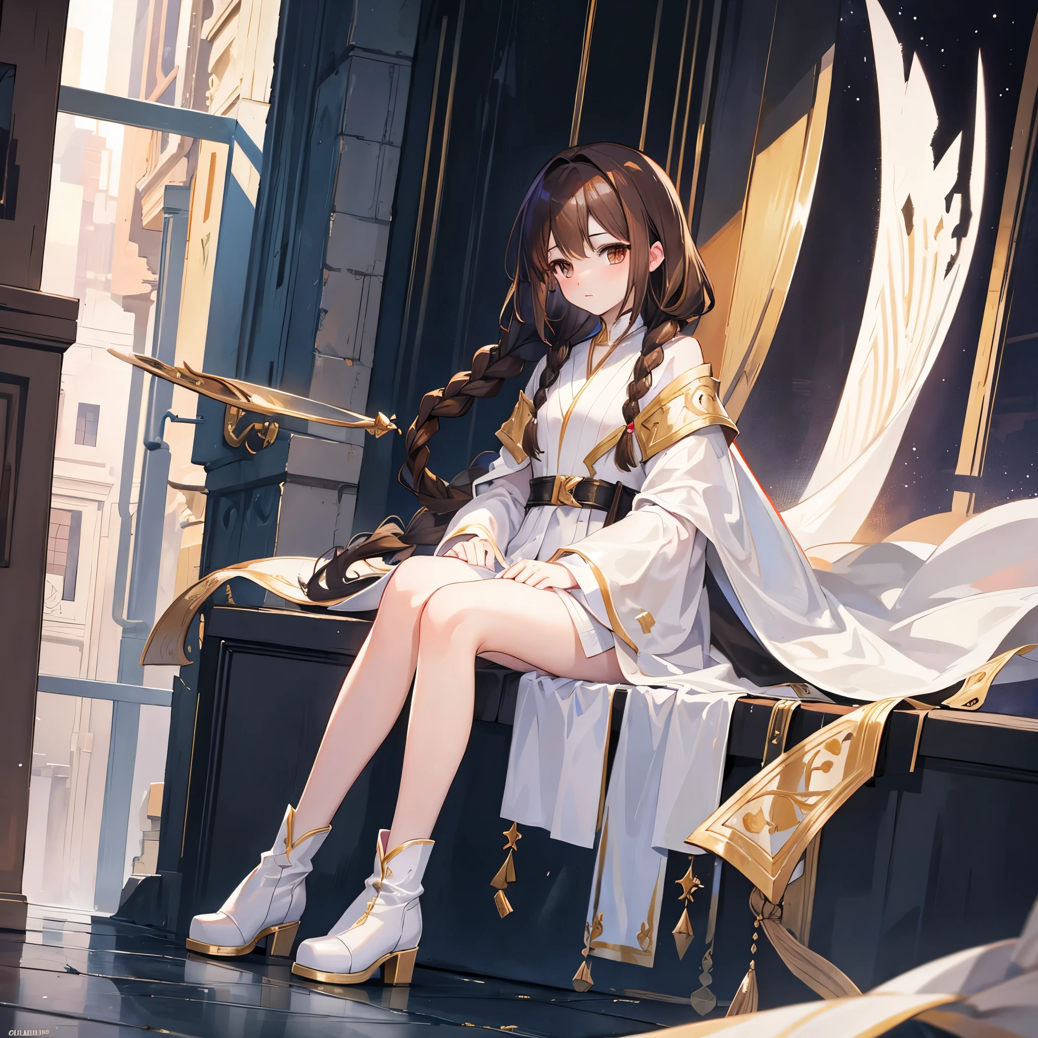 {{{A summoner wearing a white robe, a girl with brown hair, brown eyes, and one braid in the back, wearing brown boots.}}}