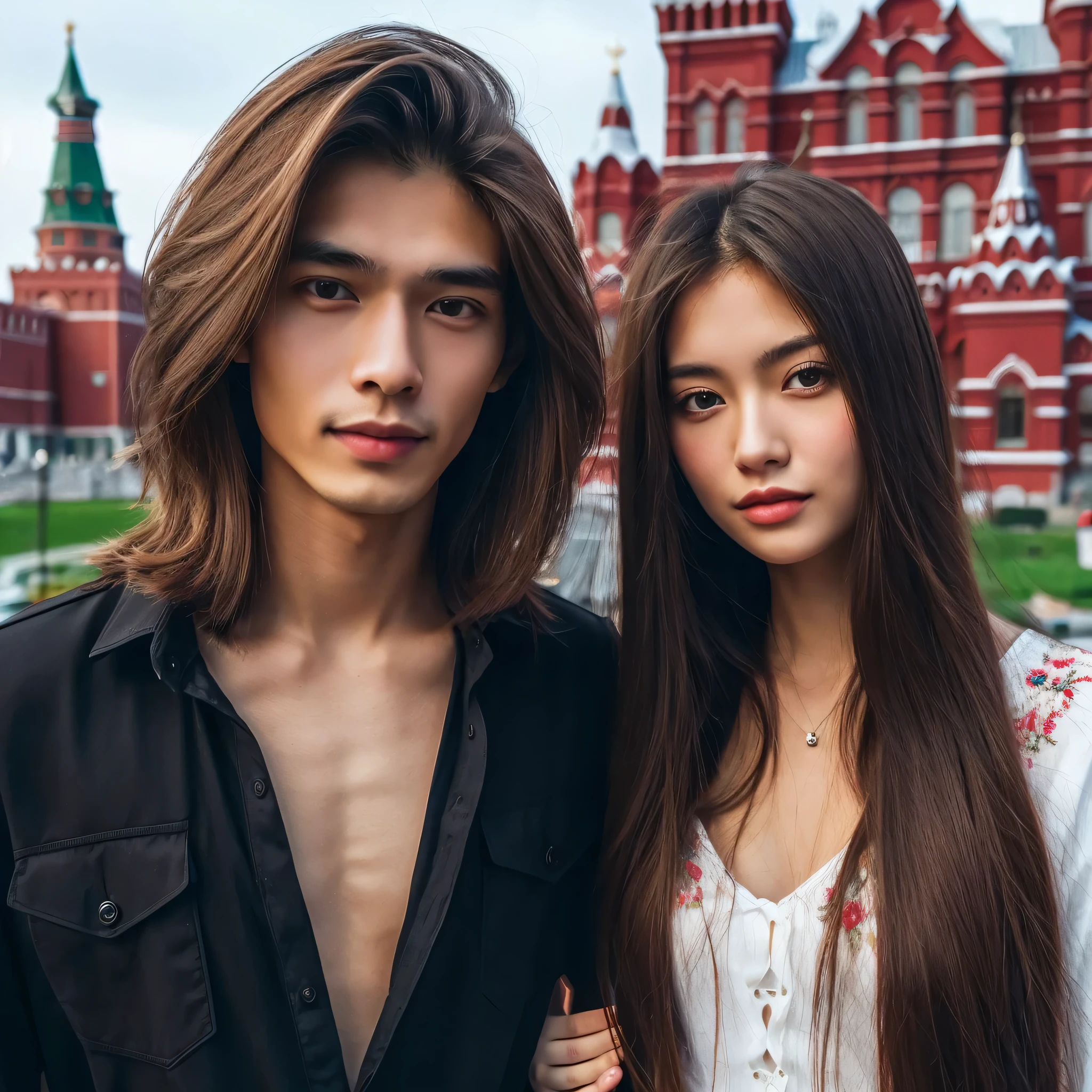 a skinny 20-year-old Asian man, long hair,  with rusian beautiful girl, background on rusia, (medium shot), realistic, high detailed, masterpiece, ultra HD, ultra sharp, 4k