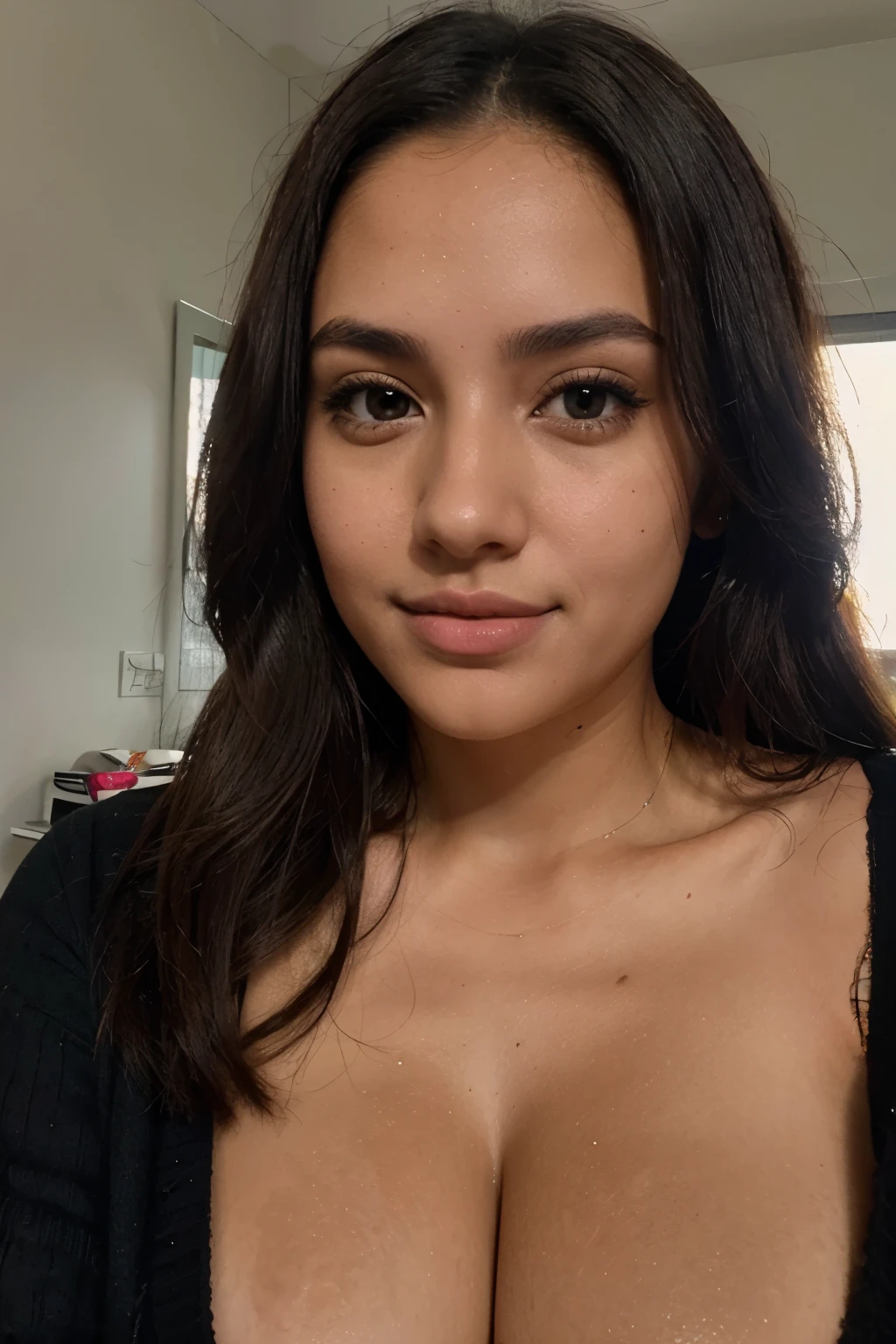 instagram photo, closeup face photo of 23 y.o sophia in black sweater, cleavage,morena skin,con reflejos rubios, (smile:0.4), hard shadows