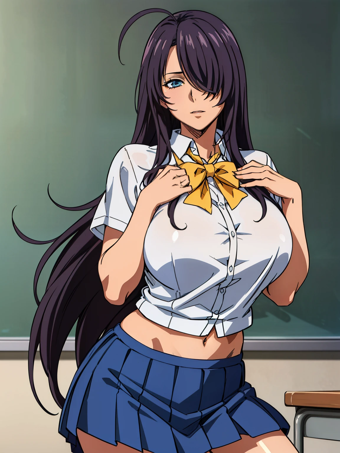 very tempting pose, white school shirt, blue pleated skirt, yellow bow, classroom background, kanu unchou, anime cels style, best quality, high resolution, 1girl, (huge breasts:1.2), beautiful face, black hair, long hair, ((hair over one eye)), blue eye, navel, cowboy shot