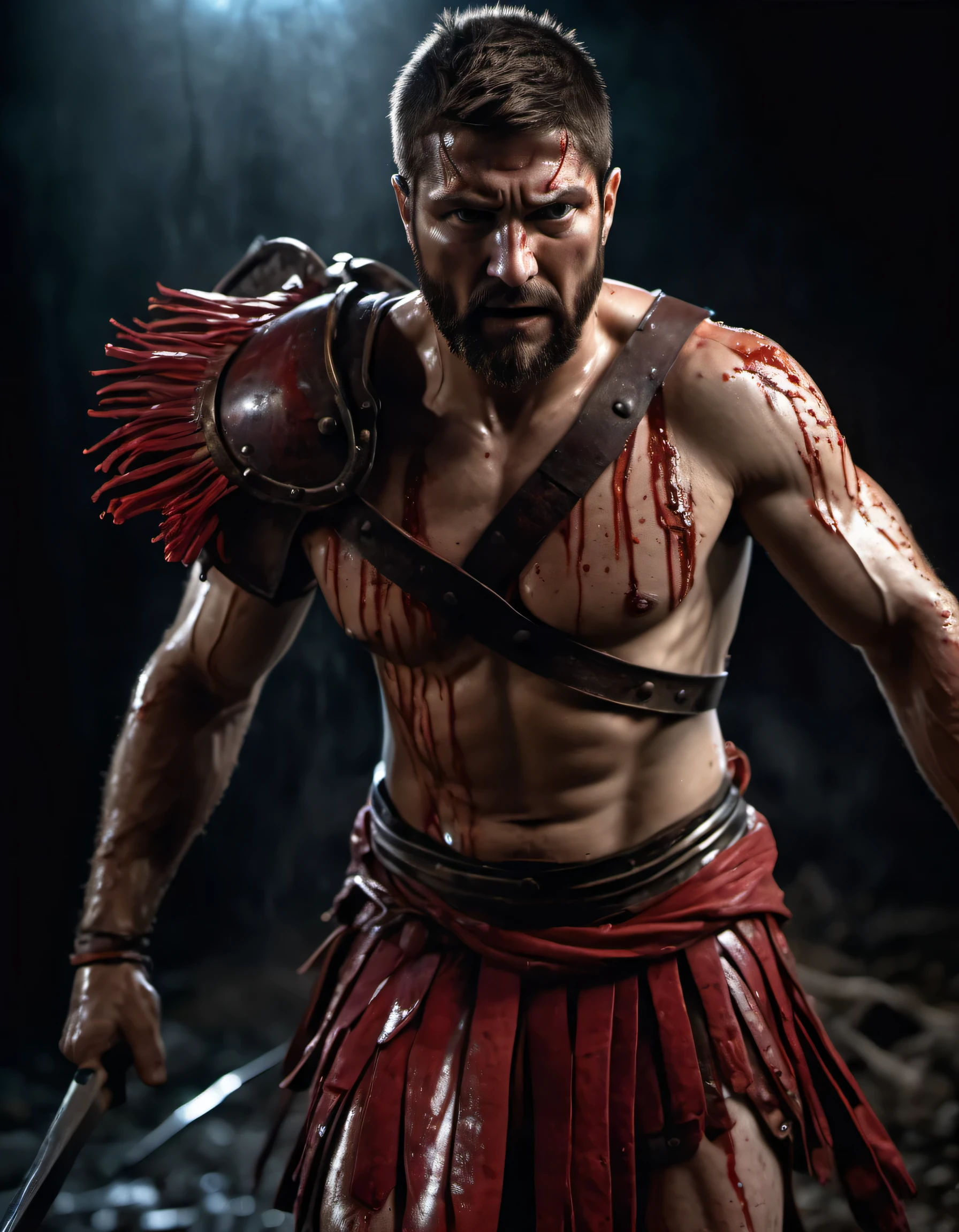 **3D Visual, A stunning full-length portrait of Gerrard Butler as Leonidas in the film 300 in the middle of an intense night battle. Nightmare. Japanese style. Cyberpunk. ray. The dynamic composition showcases powerful, fluid movements, with soft tones that add to the dramatic action. stunning, Surreal, cinematic lighting, Cinematic photos, extremely detailed and complex, VFX volume fog all around, nighttime, super max, Surreal, super detailed, high Contrast, photography, realistic, dof on, fov on, motion blur, lens flares on, 50mm Prime f/ 1. 8, white balance, Super resolution, Megapixels, ProFoto RGB, VR, tall, epic, Half back lighting, Backlights, natural lighting, incandescent light, fiber optics, ambient lighting, lighting cinema, studio lighting, soft lighting, volumetric, Contrast, dark lighting, highlight lighting, global illumination projection, screen space global illumination, ray tracing global illumination, red fringing light, 45% color gradation cold, Optics, scattering, Glow, shadows, hyperrealism, Caustic water, refractive water, exquisite detail, intricate - detailed, ultra - detailed photography, high - sharpness, high reflection, award-winning photography, (spartan).