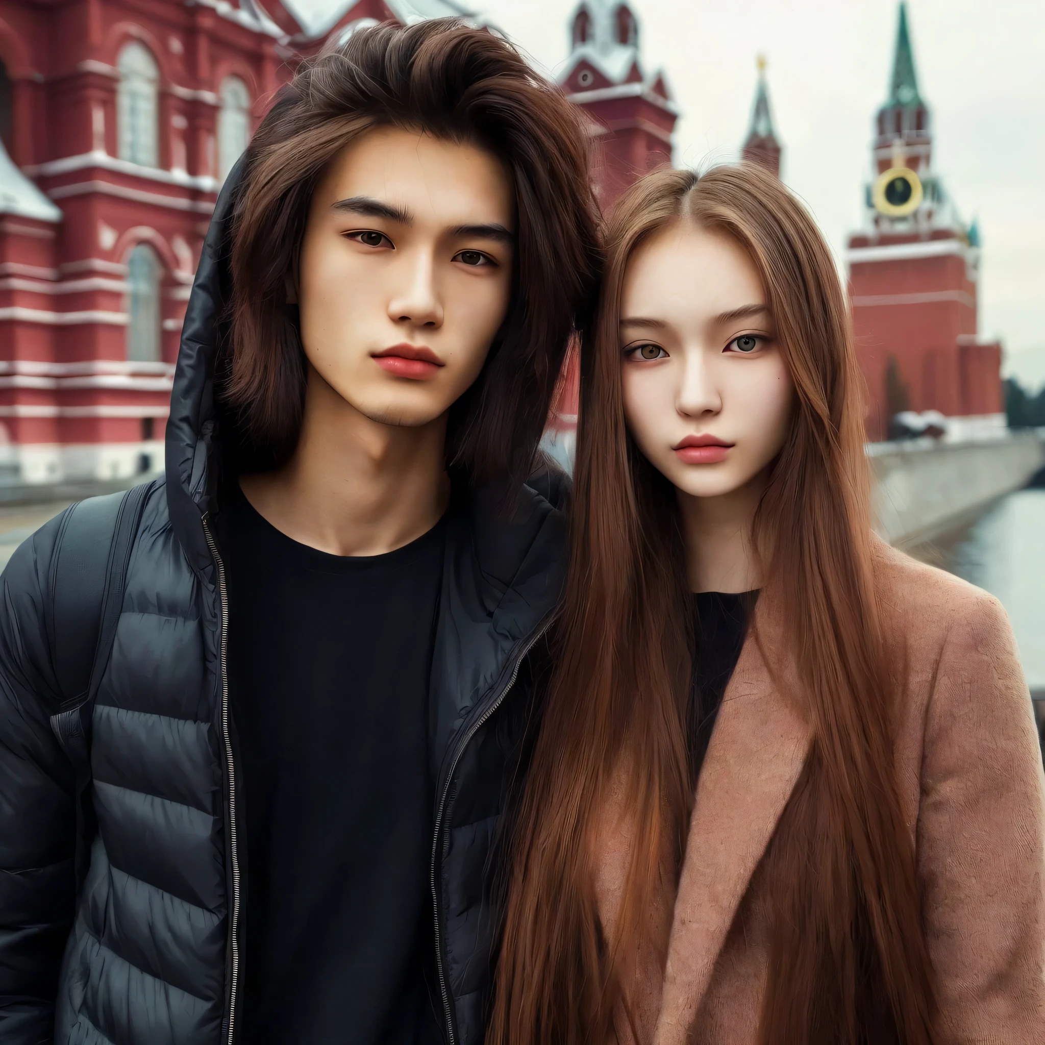 a skinny 20-year-old Asian man, long hair,  with rusian beautiful girl, background on rusia, (medium shot), realistic, high detailed, masterpiece, ultra HD, ultra sharp, 4k