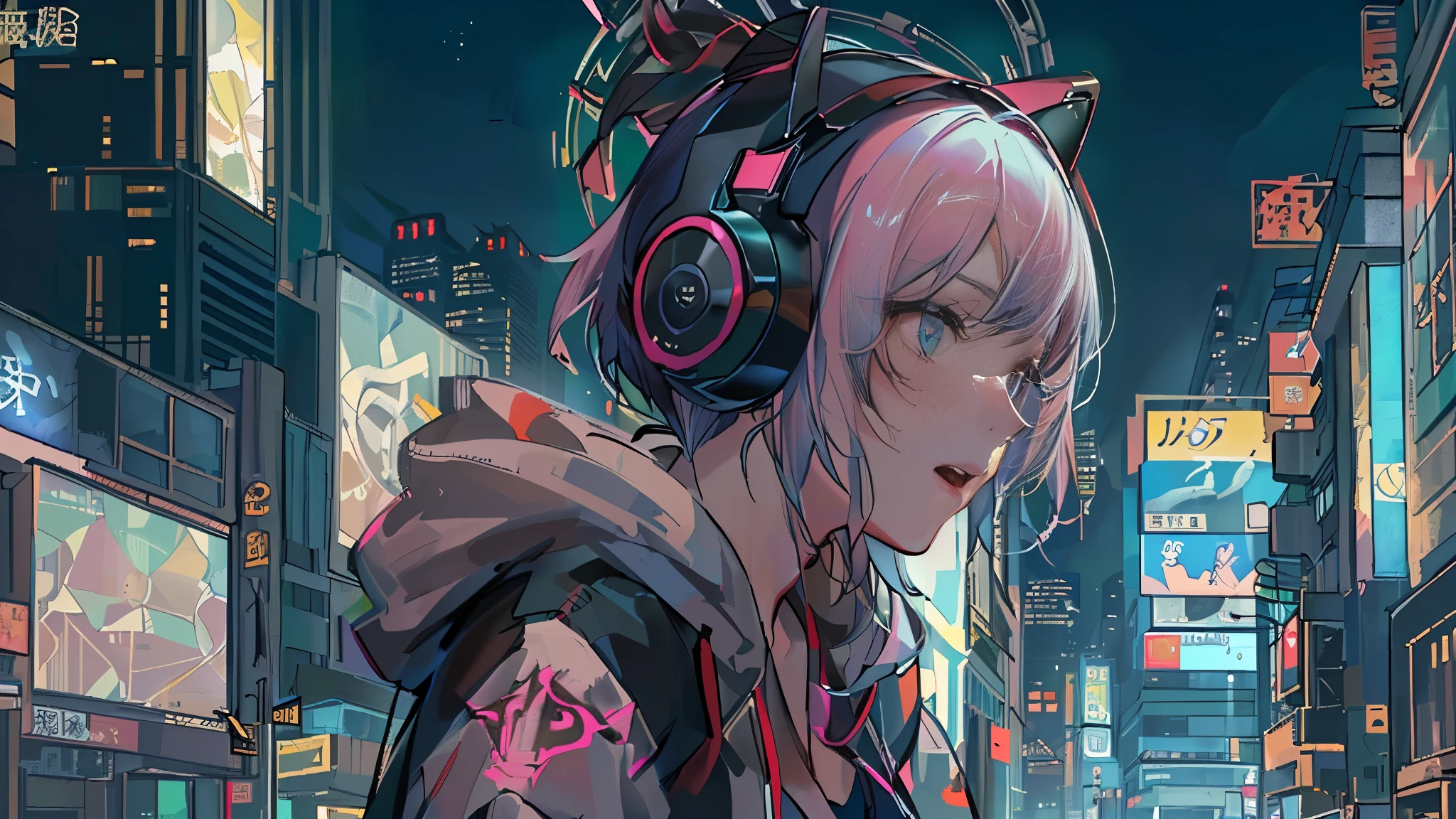 masterpiece,Anime-style illustration showing a young woman in her 20s wearing a black hoodie and hood, facing right, Stand in the middle of the street in a cyberpunk nightlife district. sheはピンクがかった黒髪の長い髪を持っています、Wearing pink glowing headphones. big breasts、she&#39;You are still looking up at the starry sky, but、sheの視線と体はフレームの右側を向いています. The scene should be lively., Reflects a cyberpunk aesthetic, ネオンと未来的な建物がsheを取り囲んでいます. The hustle and bustle of the city continues, but、sheは混乱の中でも平和です, Immerse yourself in the sights and sounds of the night. In the image、Must capture the calm sky above and the vibrant urban environment。, sheの新しい方向性を強調する.
