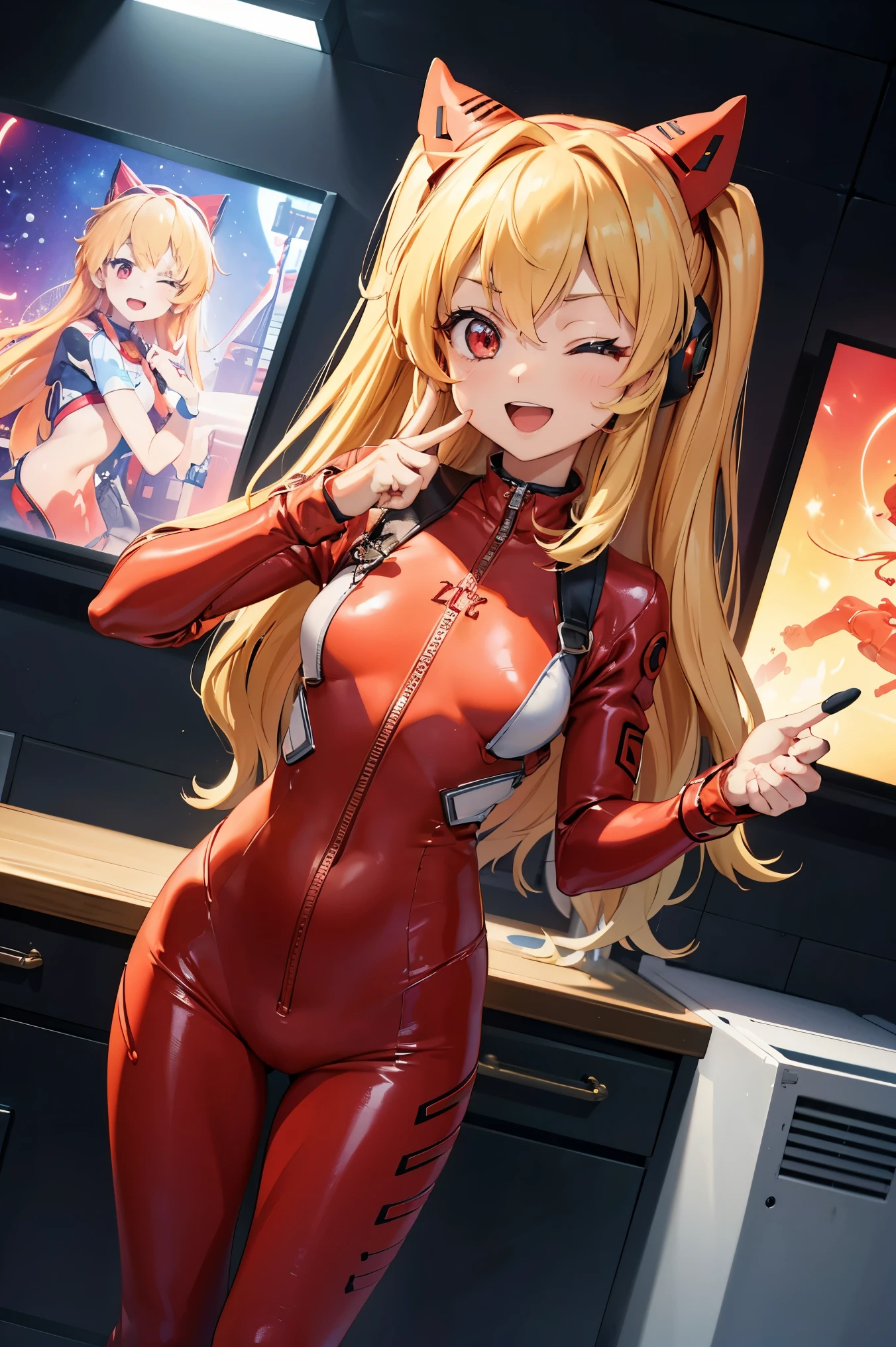 (Overhead view),dynamic angle,ultra-detailed, illustration, close-up, straight on, 1girl, 
 ((souryuu asuka langley, interface headset, red bodysuit:1.4, blonde)),Her eyes shone like dreamy stars,(glowing eyes:1.233),(beautiful and detailed eyes:1.1),(expressionless),(standing), Spell of the Last（prompt）
(masterpiece, best quality, ultra high res, perfect anatomy, extremely detailed),
BREAK,
1girl,
14 years old,
red eyes,
twintails,
black hair,
very large ribbon in hair,
idol costume,
BREAK,
(finger pointing),
(full face),
one eye closed,
(open mouth),
glow eyes,
smile,
stage light,
(mechanic room with toolsand spaceship windowin a white SPACESHIP),
(night:1.2),dreamy, [[delicate fingers and hands:0.55]::0.85],(detail fingers),