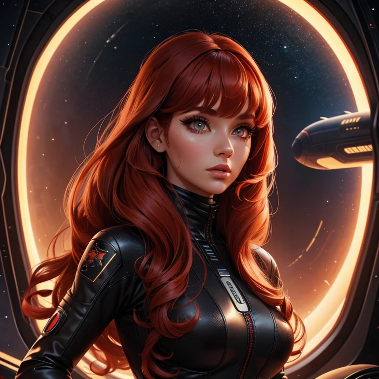 Best quality, 8K, woman space retro futurism, beautiful and detailed face, red curly long hair, bangs,big eyelashes,LOOKING TO observer,TAN bodystocking, black belt,sci-fi RETRO SPACESHIP scenario