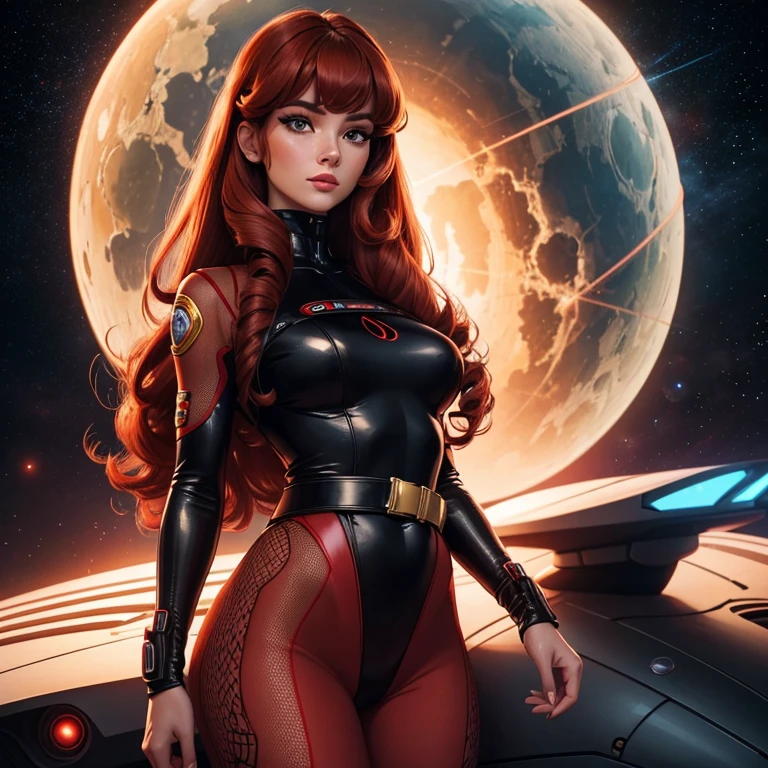 Best quality, 8K, woman space retro futurism, beautiful and detailed face, red curly long hair, bangs,big eyelashes,LOOKING TO observer,TAN bodystocking, black belt,sci-fi RETRO SPACESHIP scenario