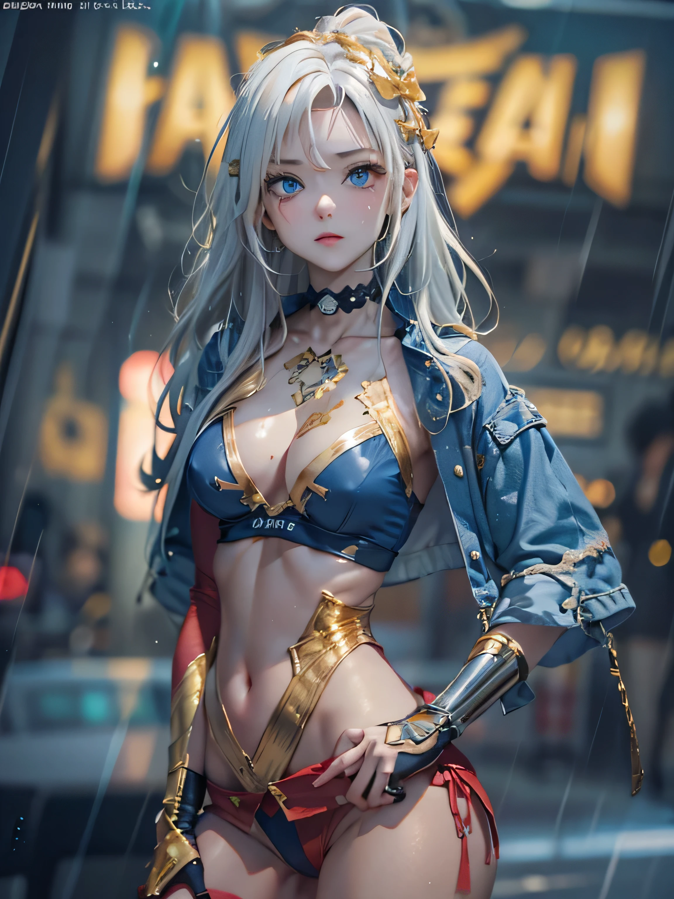 (photorealistic:1.8, highest quality:1.8,8K masterpiece:1.8,High resolution,muste piece:1.8,RAW Photos,cinematic lighting),No split screen, cyber punk、Highway at night、rain-soaked ground、vapor、
(1 android girl:1.3)、Completely naked、Full body tattoo、choker、beautiful breasts、shirt、denim micro mini skirt、beautiful butt,beautiful thighs,plump nipples、Nipples are visible through the costume,cameltoe,Body painting with a pop design drawn all over the body、pop art design、cutting edge fashion、conceptual art、
Provocative sexy poses、look back、spread your legs、
(Beautifully shining vermilion, blue, white and golden hair:1.5)、shining blue eyes、Stoic