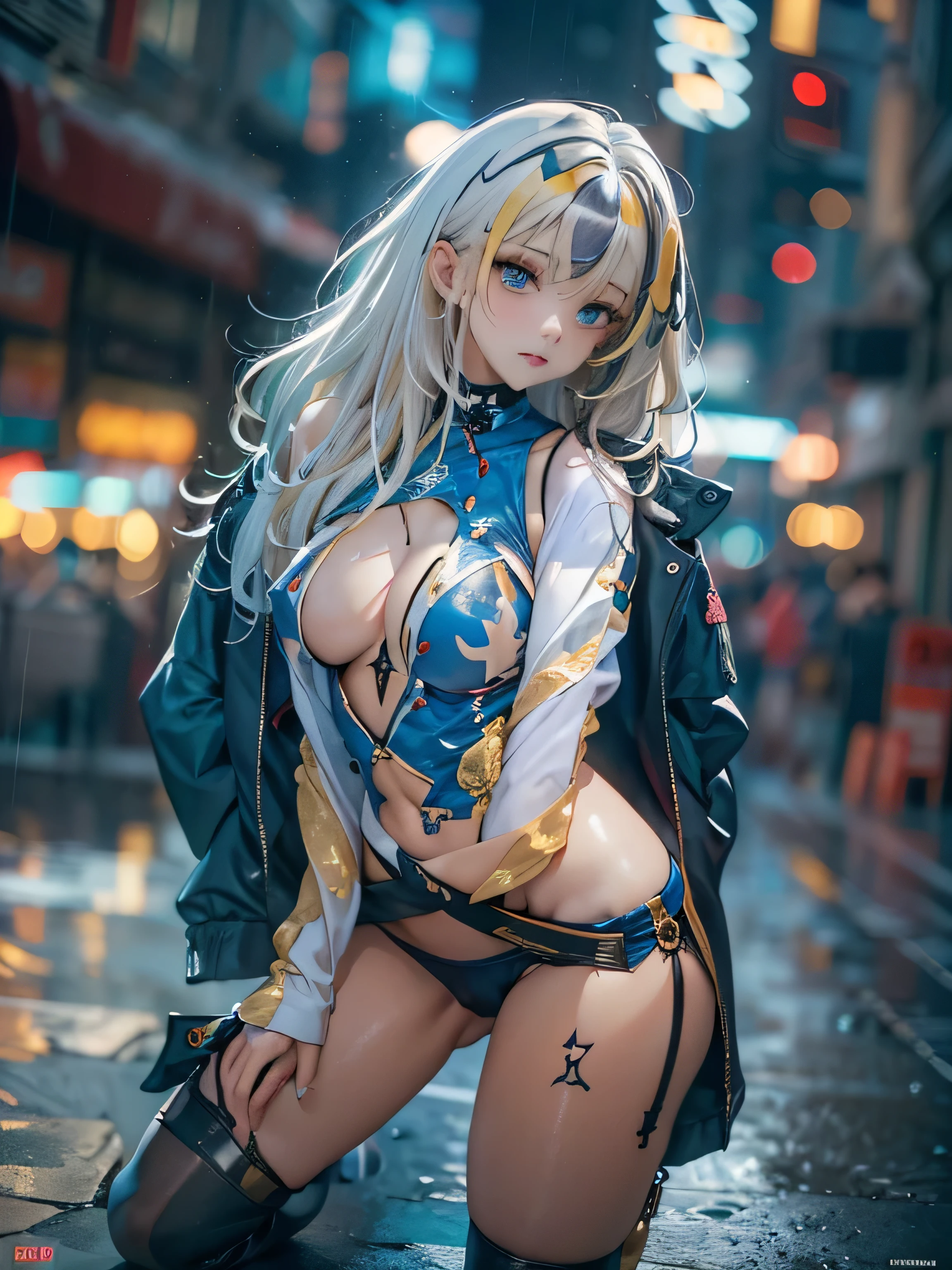 (photorealistic:1.8, highest quality:1.8,8K masterpiece:1.8,High resolution,muste piece:1.8,RAW Photos,cinematic lighting),No split screen, cyber punk、Highway at night、rain-soaked ground、vapor、
(1 android girl:1.3)、Completely naked、Full body tattoo、choker、beautiful breasts、shirt、denim micro mini skirt、beautiful butt,beautiful thighs,plump nipples、Nipples are visible through the costume,cameltoe,Body painting with a pop design drawn all over the body、pop art design、cutting edge fashion、conceptual art、
Provocative sexy poses、look back、spread your legs、
(Beautifully shining vermilion, blue, white and golden hair:1.5)、shining blue eyes、Stoic