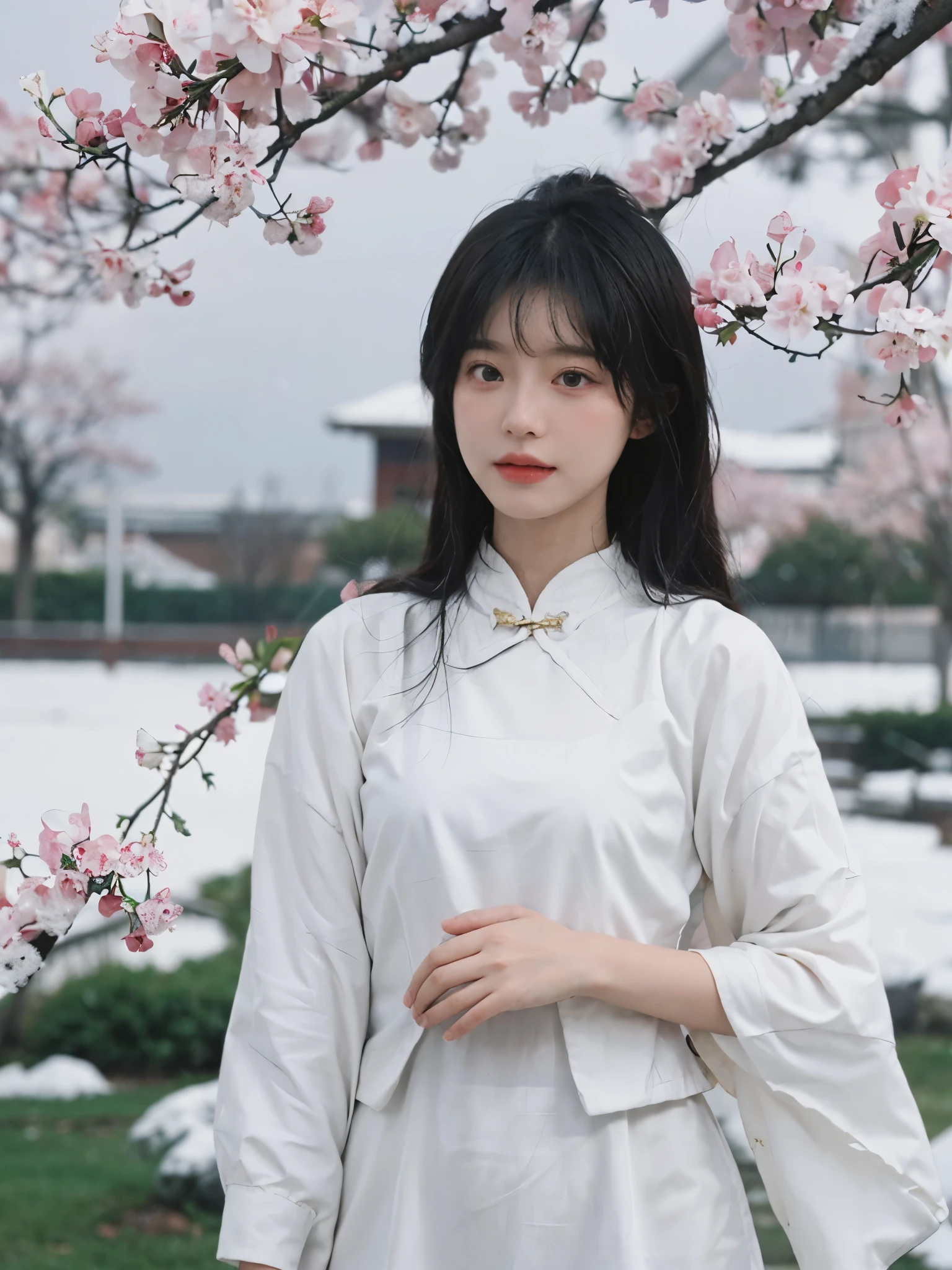 best quality， ultra high resolution， White background，（realistically：1.4）， 2 girls， white cheongsam，twin? Sakura Rain，Cherry tree，sunset，A pair of eyes as clear as snow,Royal sister，looking at the audience， close up ，