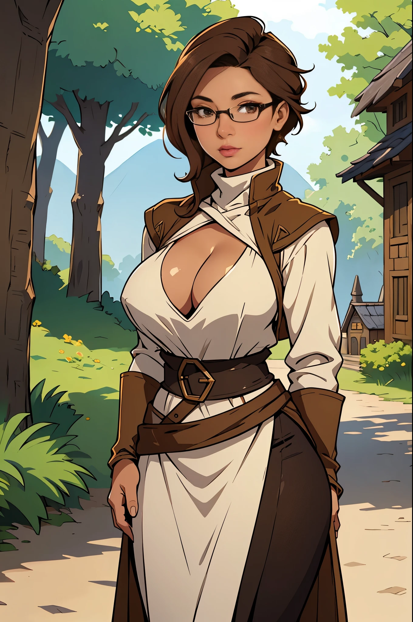 Solo, female, standing, looking at viewer, tan skin, fantasy village, linen tunic, cloak, lipstick, big breasts, cleavage, turtleneck, ranger, ((hands behind back)), mature female, glasses, brown hair,