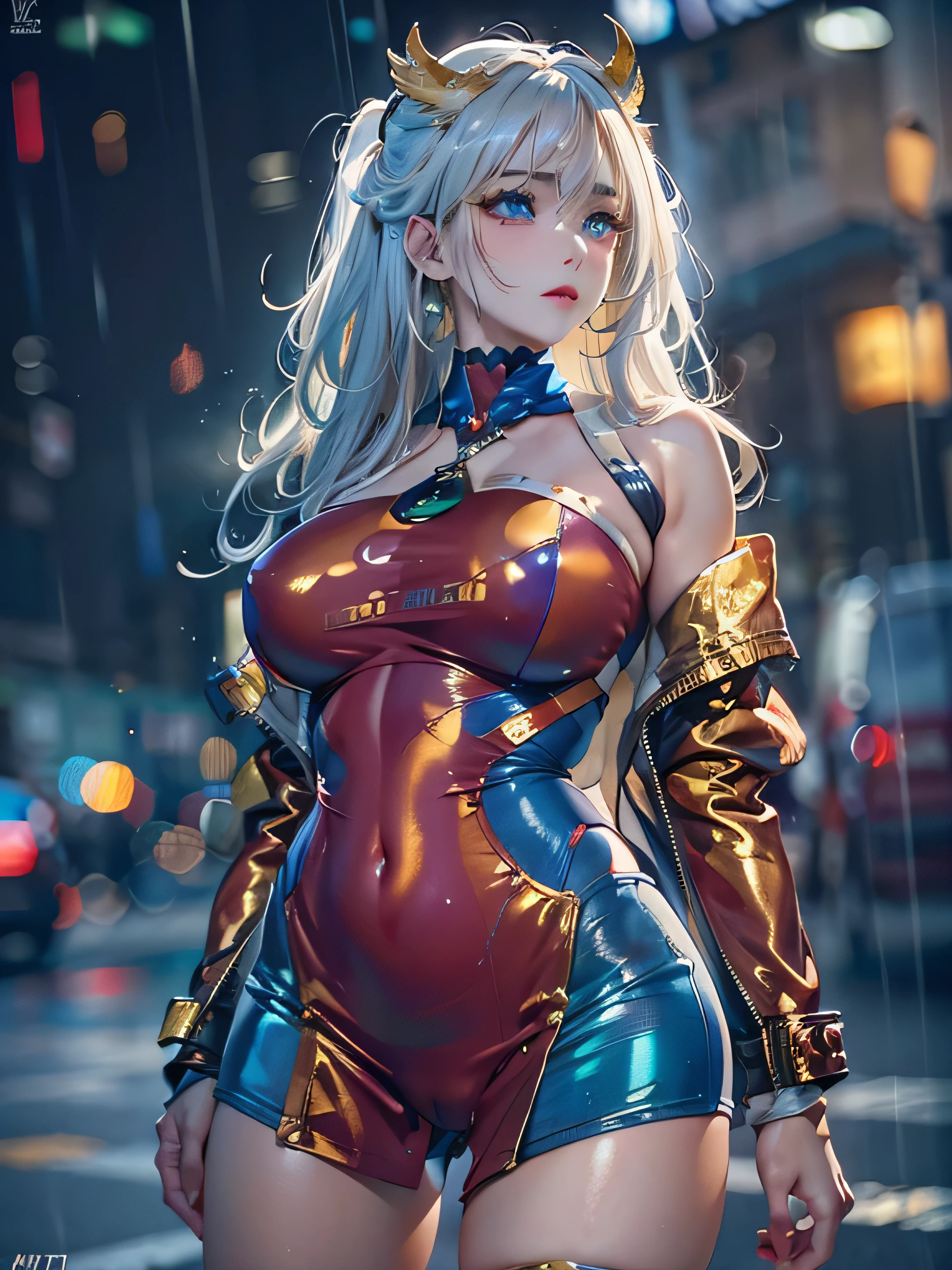 (photorealistic:1.8, highest quality:1.8,8K masterpiece:1.8,High resolution,muste piece:1.8,RAW Photos,cinematic lighting),No split screen, cyber punk、Highway at night、rain-soaked ground、vapor、
(1 android girl:1.3)、Completely naked、Full body tattoo、choker、beautiful breasts、shirt、denim micro mini skirt、beautiful butt,beautiful thighs,plump nipples、Nipples are visible through the costume,cameltoe,Body painting with a pop design drawn all over the body、pop art design、cutting edge fashion、conceptual art、
Provocative sexy poses、look back、spread your legs、
(Beautifully shining vermilion, blue, white and golden hair:1.5)、shining blue eyes、Stoic