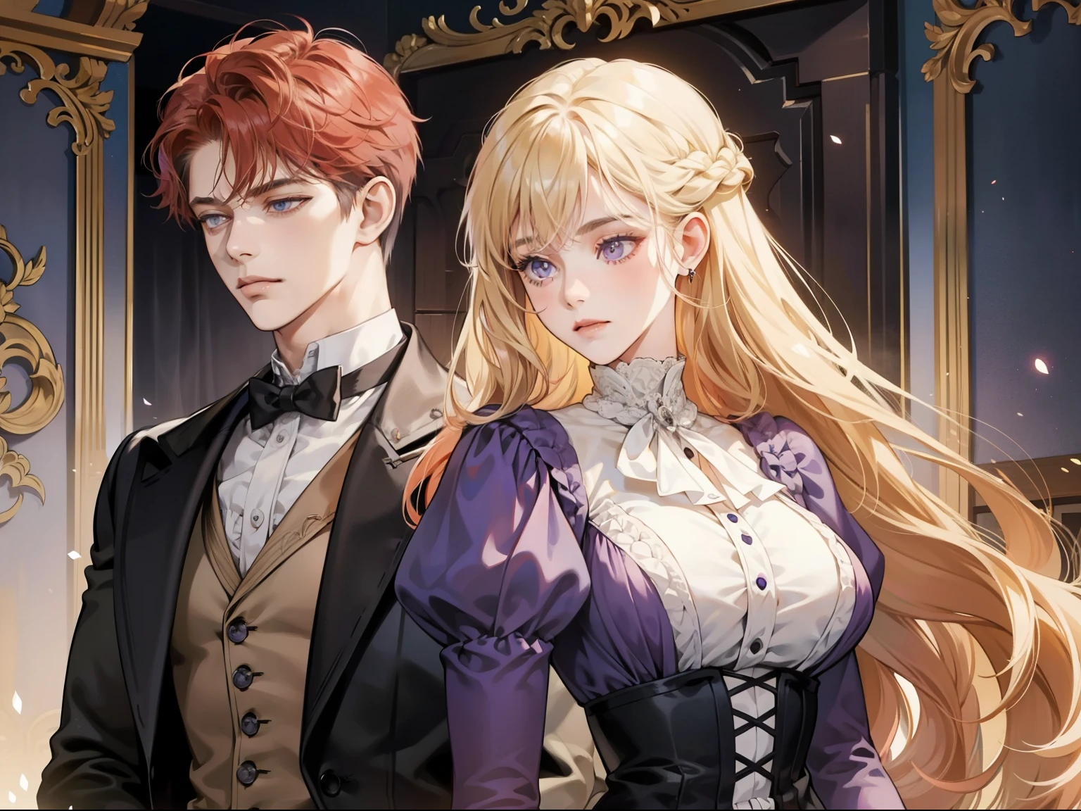 Couple only, 1 girl 1 boy, different hair color, girl with long light blond bang hair and purple eyes and big breasts, boy with short red hair and grey eyes, romance, Victorian era