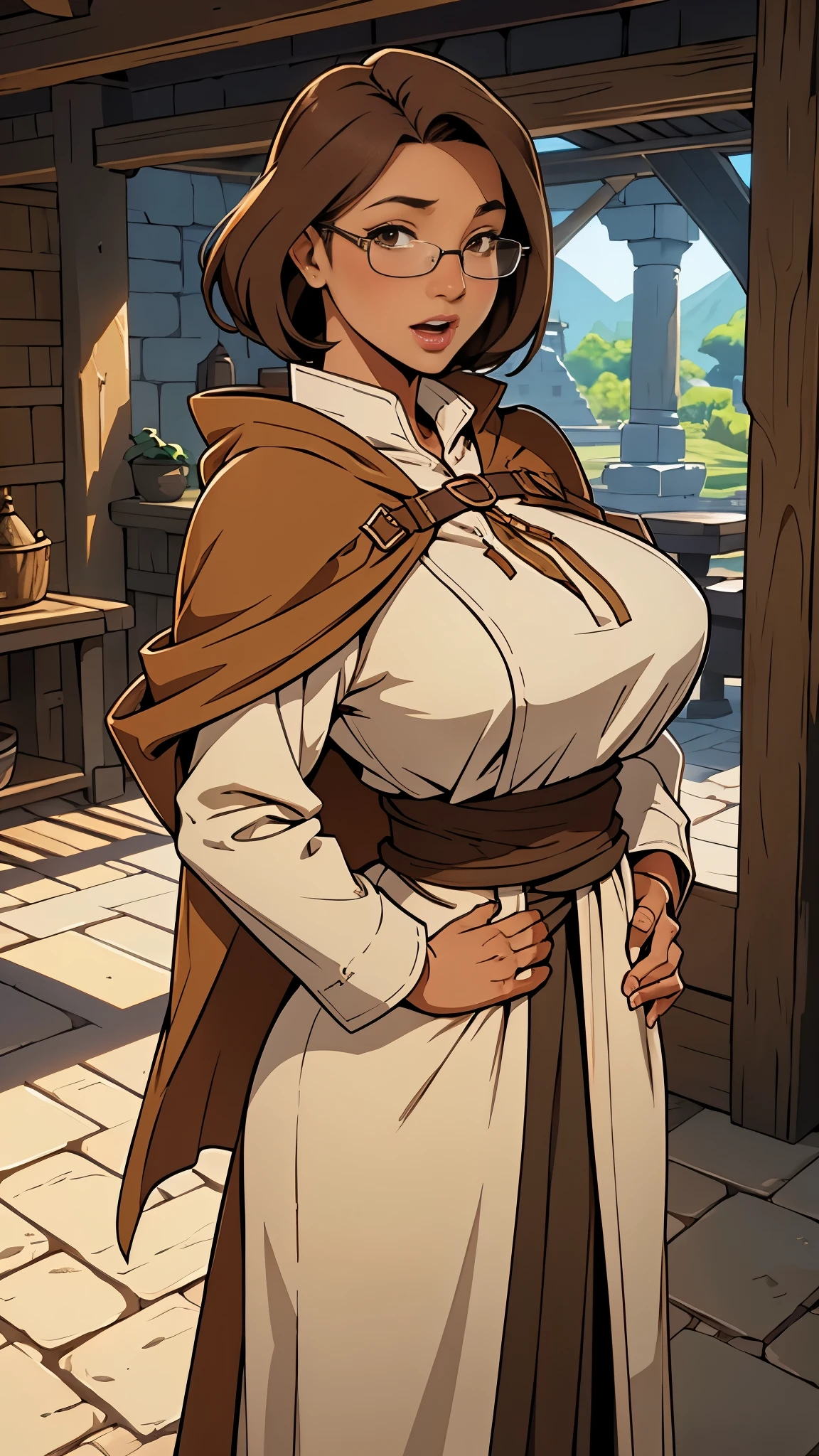 Solo, female, standing, looking at viewer, tan skin, fantasy village, linen tunic, cloak, lipstick, big breasts, open mouth, ranger, ((hands behind back)), mature female, glasses, brown hair, looking at viewer
