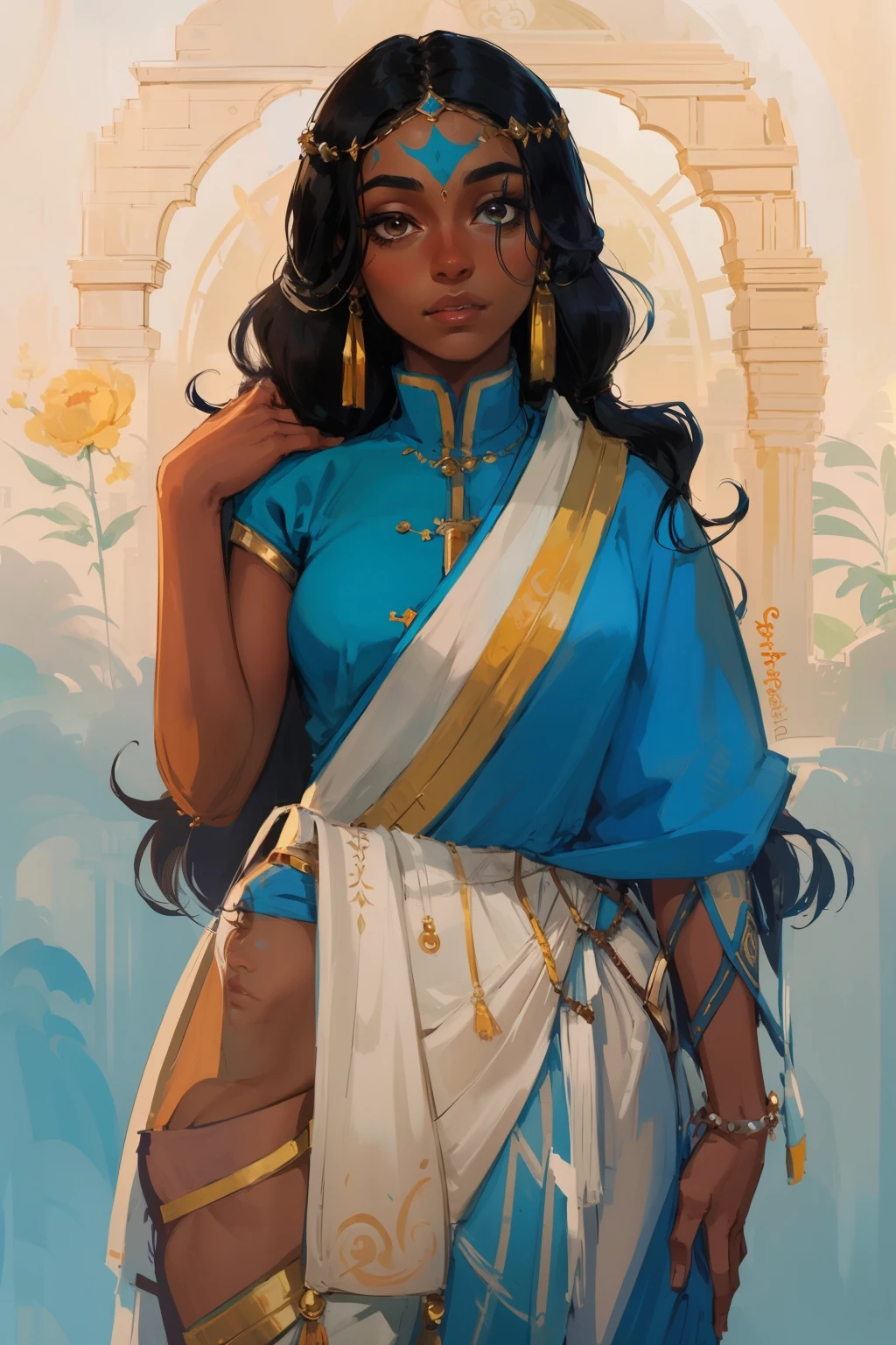 a cartoon of a woman in a sari with a flower in her hair, katara from avatar, dark skin female goddess of love, dressed in a sari, beautiful avatar pictures, indian goddess, youthful taliyah, wearing jedi robes and a sari, portrait of avatar korra, inspired by Yang J, korra from the legend of korra, beautiful androgynous prince