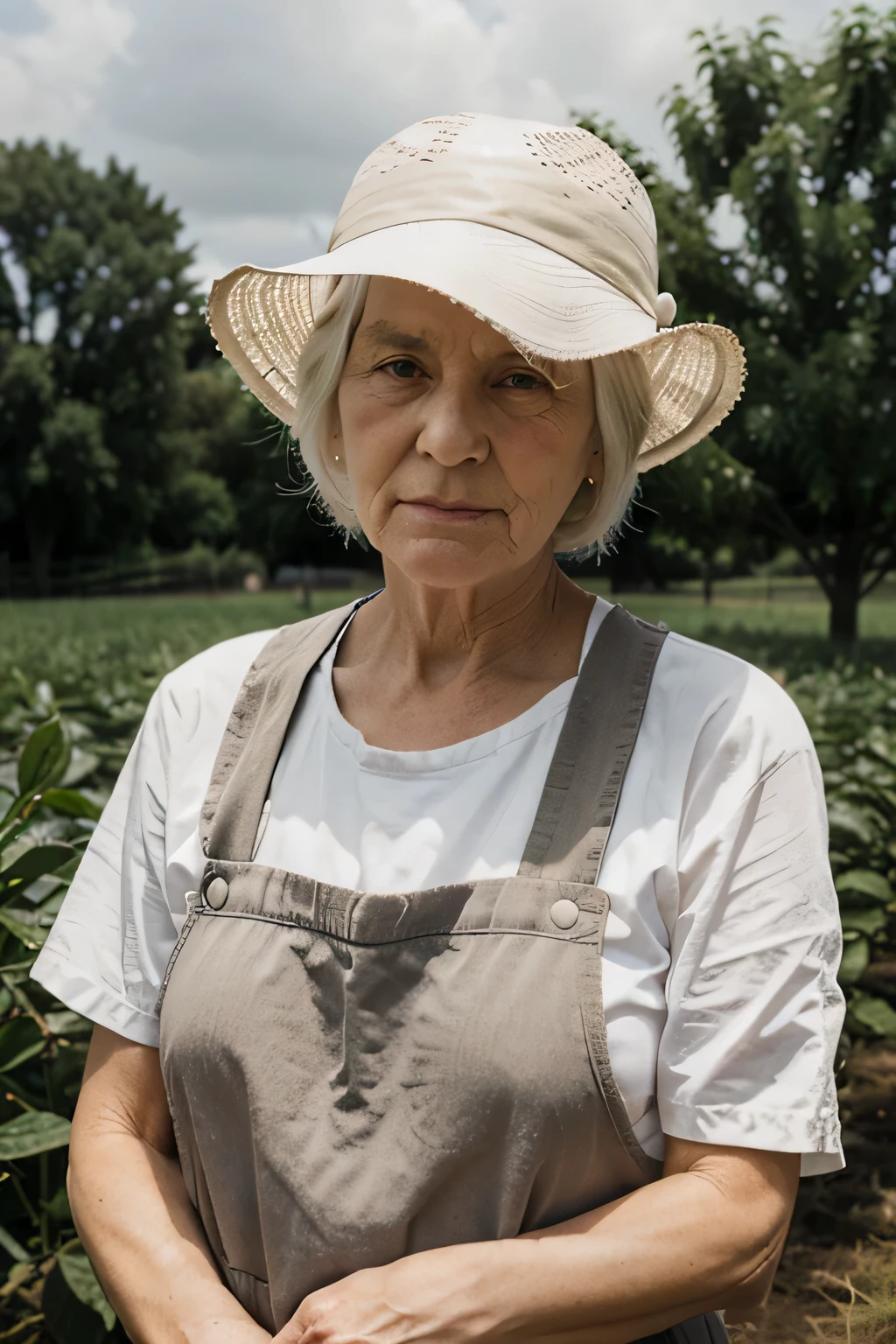 elderly, white-haired woman, 93 years old, a farm worker