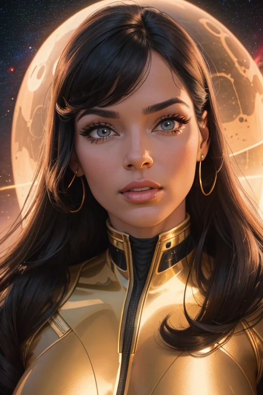 Best quality, 8K, woman space retro futurism, beautiful and detailed face, red curly long hair, bangs,big eyelashes,LOOKING TO observer,TAN bodystocking, black belt,sci-fi RETRO SPACESHIP scenario