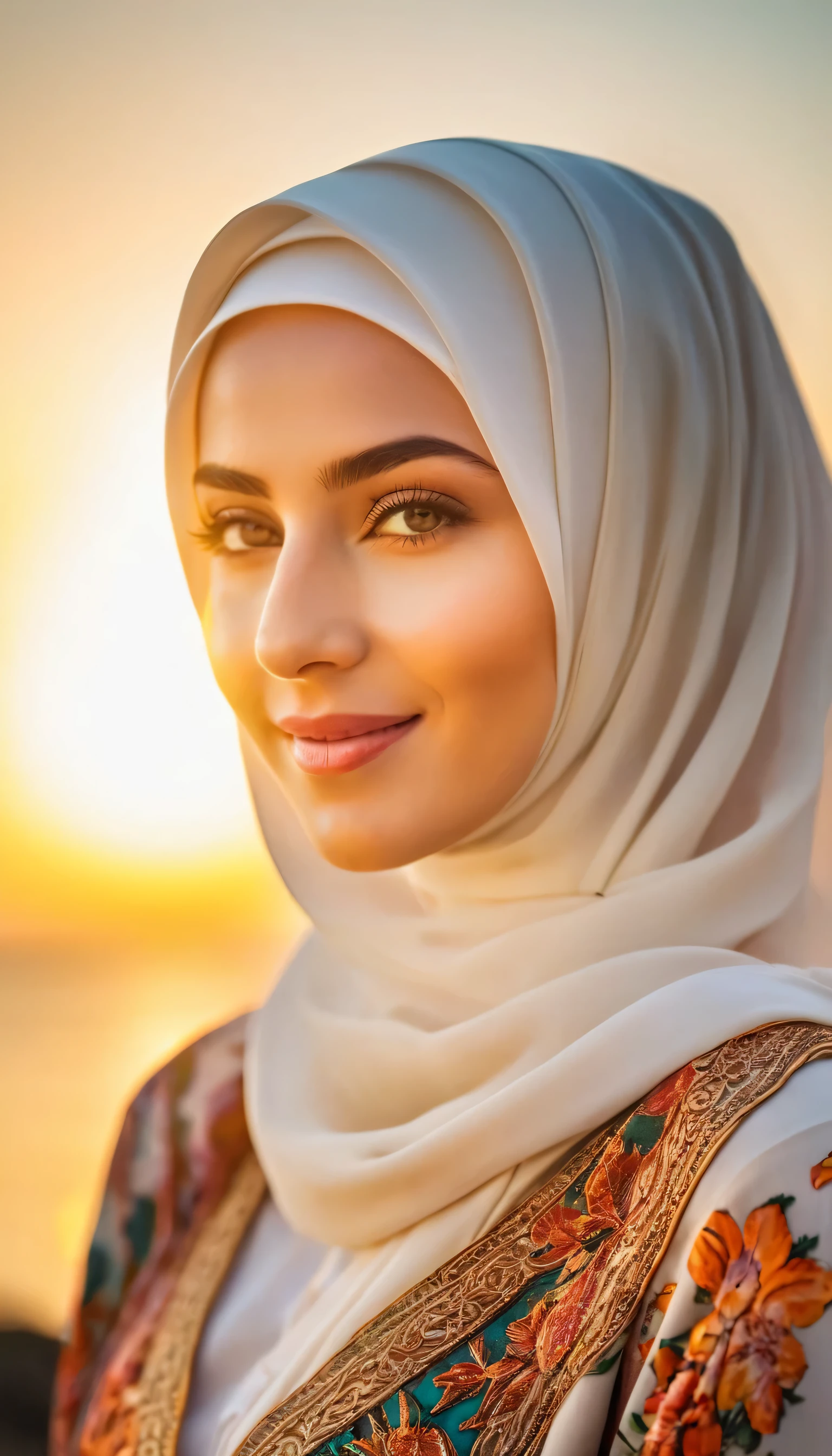 8K Ultra HD, a young beautiful lady with a long islamic dress, pale skin , warm smile, beautiful face ,wearing hijab , sunset coast should serve as the underlying backdrop, with its details incorporated into the goddess , crisp lines, The background is warm, sharp focus, 800mm lens, realistic , hyperrealistic, photography, professional photography, deep photography, ultra HD, very high quality, best quality, mid quality, HDR photo, focus photo, deep focus, very detailed, original photo, original photo, ultra sharp, nature photo, masterpiece, award winning, shot with hasselblad x2d