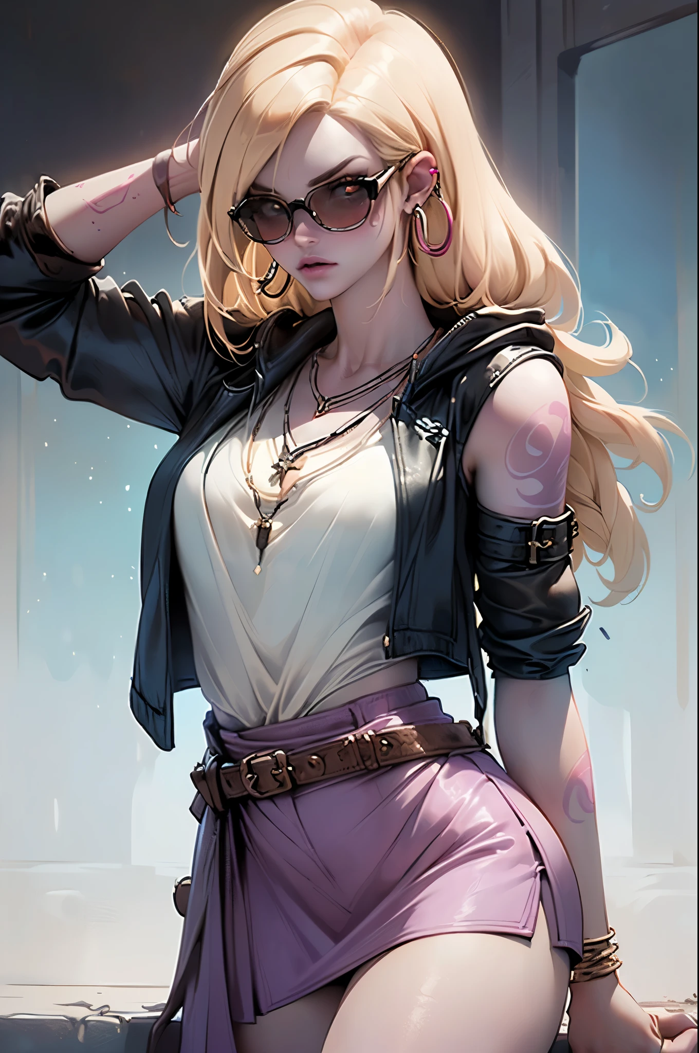 The best possible quality, Ultra 8K resolution, impressive illustration, the best of everything, award-winning, How to be the best, ((short blonde hair, shaved on the side with a black tattoo, leather belt with buckle, an ice cream in hand, Model pose, Add effect at the end, pink leather jacket, long neck scarf, sunglasses, long painted nails, decorative accessories, hoops, rings, necklace:1.6)), (modern light pink short skirt: 1.6 ), ((pink, brown, white colors: 1.5)), epic desert setting: 1.5, photorealistic: 1.4, skin texture: 1.4, super masterpiece, super detailed, hyper detailed, 32k