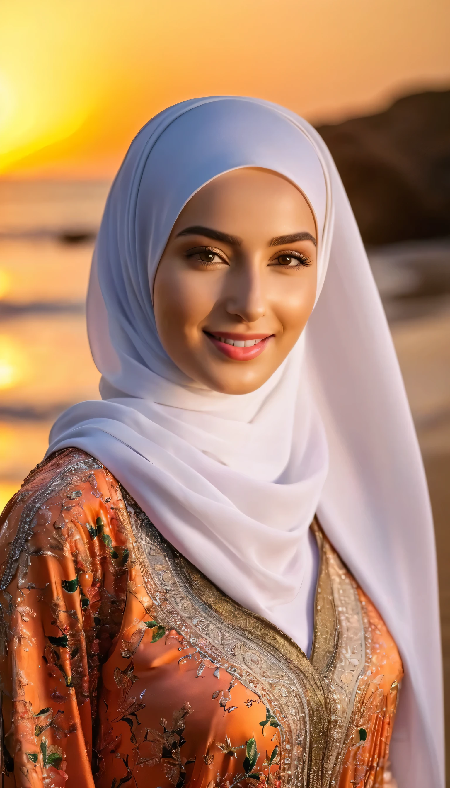 8K Ultra HD, a young beautiful lady with a long islamic dress, pale skin , warm smile, beautiful face ,wearing hijab , sunset coast should serve as the underlying backdrop, with its details incorporated into the goddess , crisp lines, The background is warm, sharp focus, 800mm lens, realistic , hyperrealistic, photography, professional photography, deep photography, ultra HD, very high quality, best quality, mid quality, HDR photo, focus photo, deep focus, very detailed, original photo, original photo, ultra sharp, nature photo, masterpiece, award winning, shot with hasselblad x2d