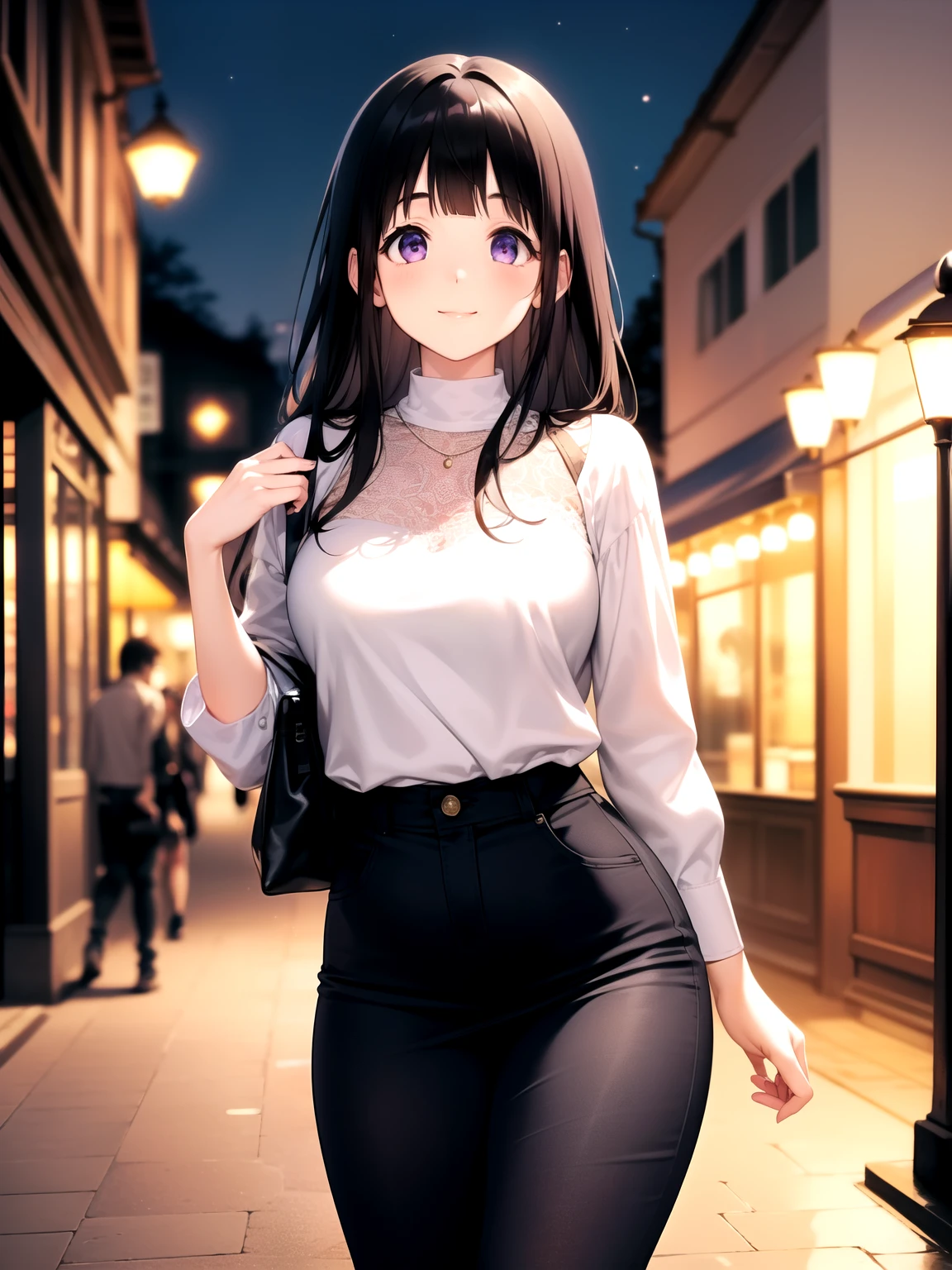 (A superb exquisite Chitanda Eru), (mature face), intricate details, (finely detailed beautiful eyes: 1.2), purple eyes, long black hair, natural straight hair, straight bangs, solo, [Small_breasts: large_breasts: 0.5], extremely delicate, peerless beautiful girl, dreamy quality, solid color, bright lips, slender waist, straight curves, soft lights and shadows, super fine, 8K HD, (masterpiece:1.4), (((timid smile, bag, fashionable, night street, casual clothes)))