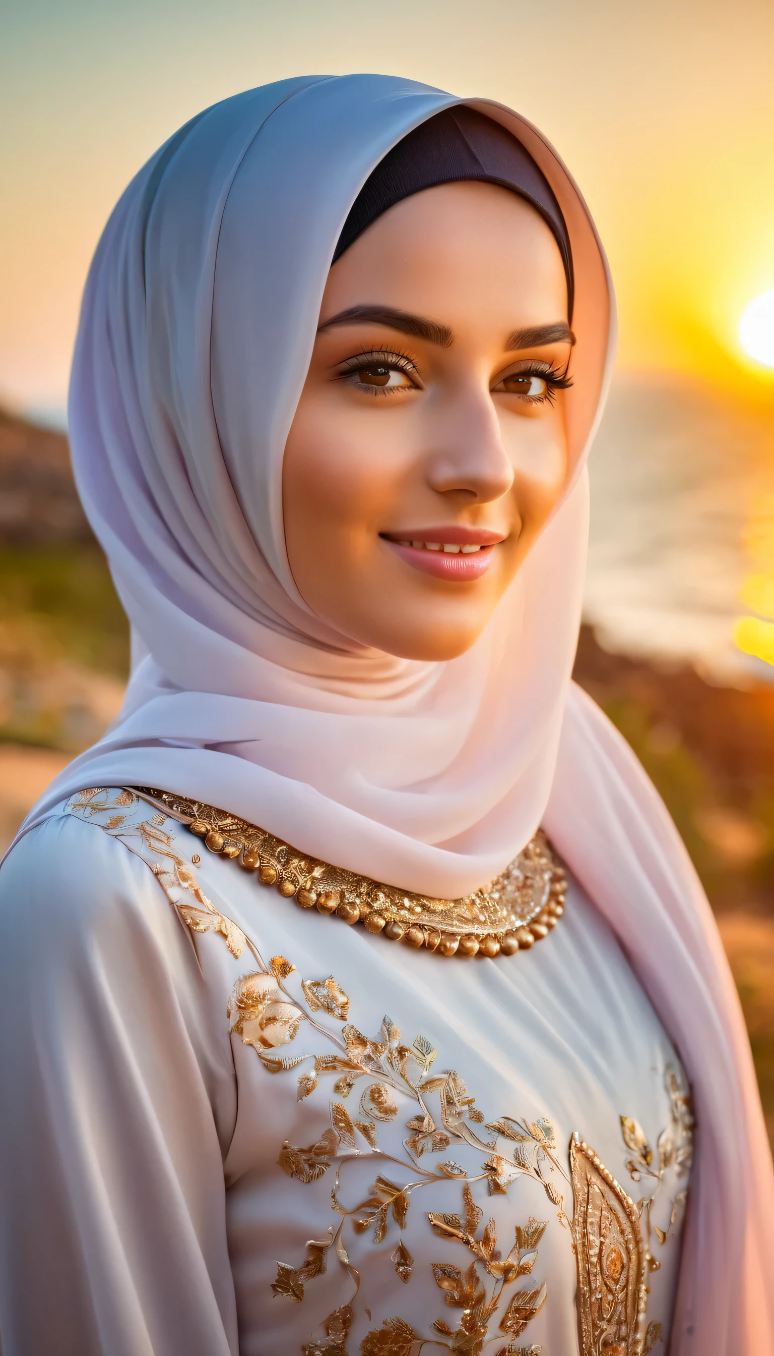 8K Ultra HD, a young beautiful lady with a long islamic dress, pale skin , warm smile, beautiful face ,wearing hijab , sunset coast should serve as the underlying backdrop, with its details incorporated into the goddess , crisp lines, The background is warm, sharp focus, 800mm lens, realistic , hyperrealistic, photography, professional photography, deep photography, ultra HD, very high quality, best quality, mid quality, HDR photo, focus photo, deep focus, very detailed, original photo, original photo, ultra sharp, nature photo, masterpiece, award winning, shot with hasselblad x2d