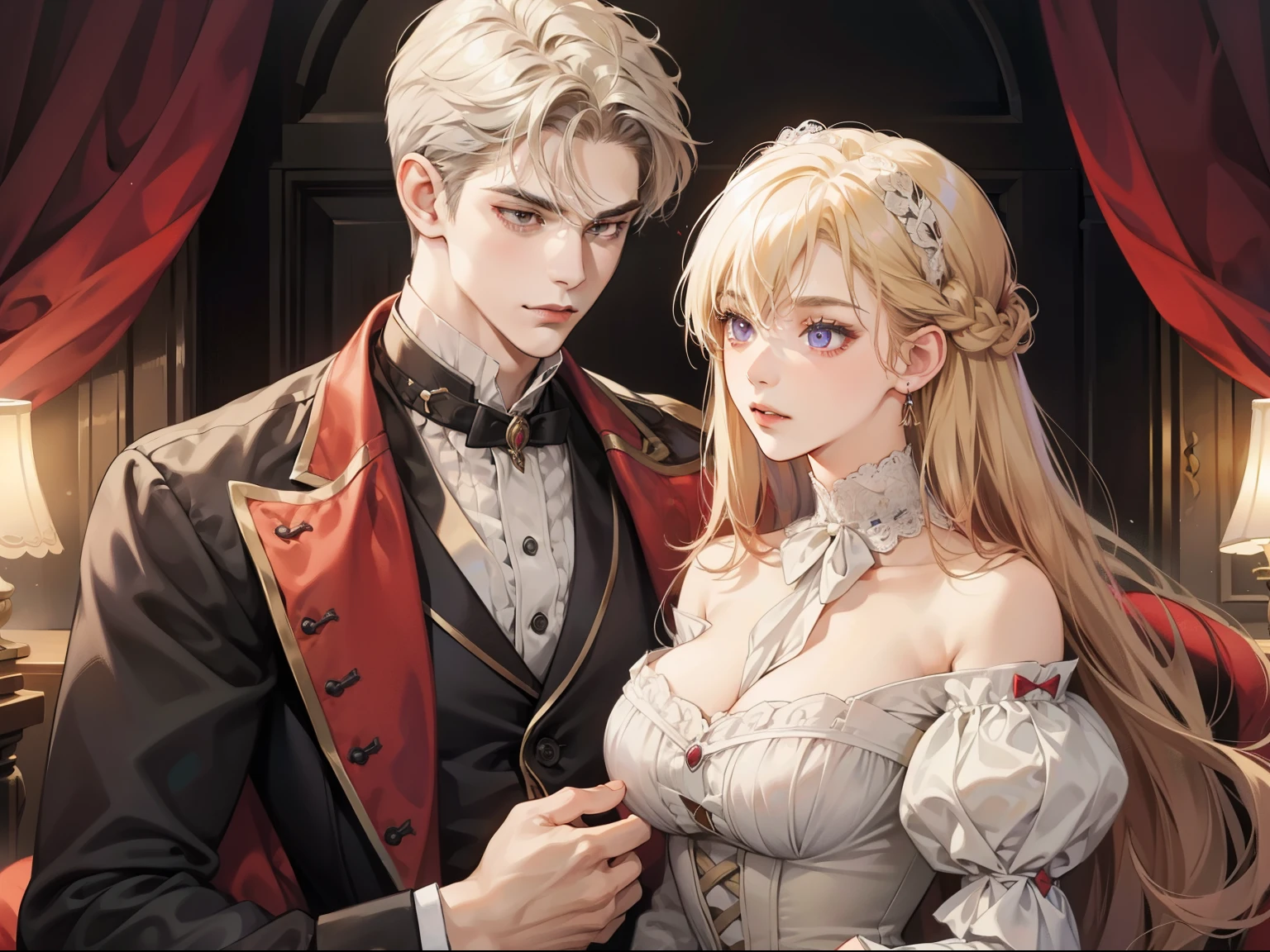 Couple only, 1 girl 1 boy, different hair color, girl with long light blond bang hair and purple eyes and big breasts, boy with short red hair and grey eyes, romance, Victorian era