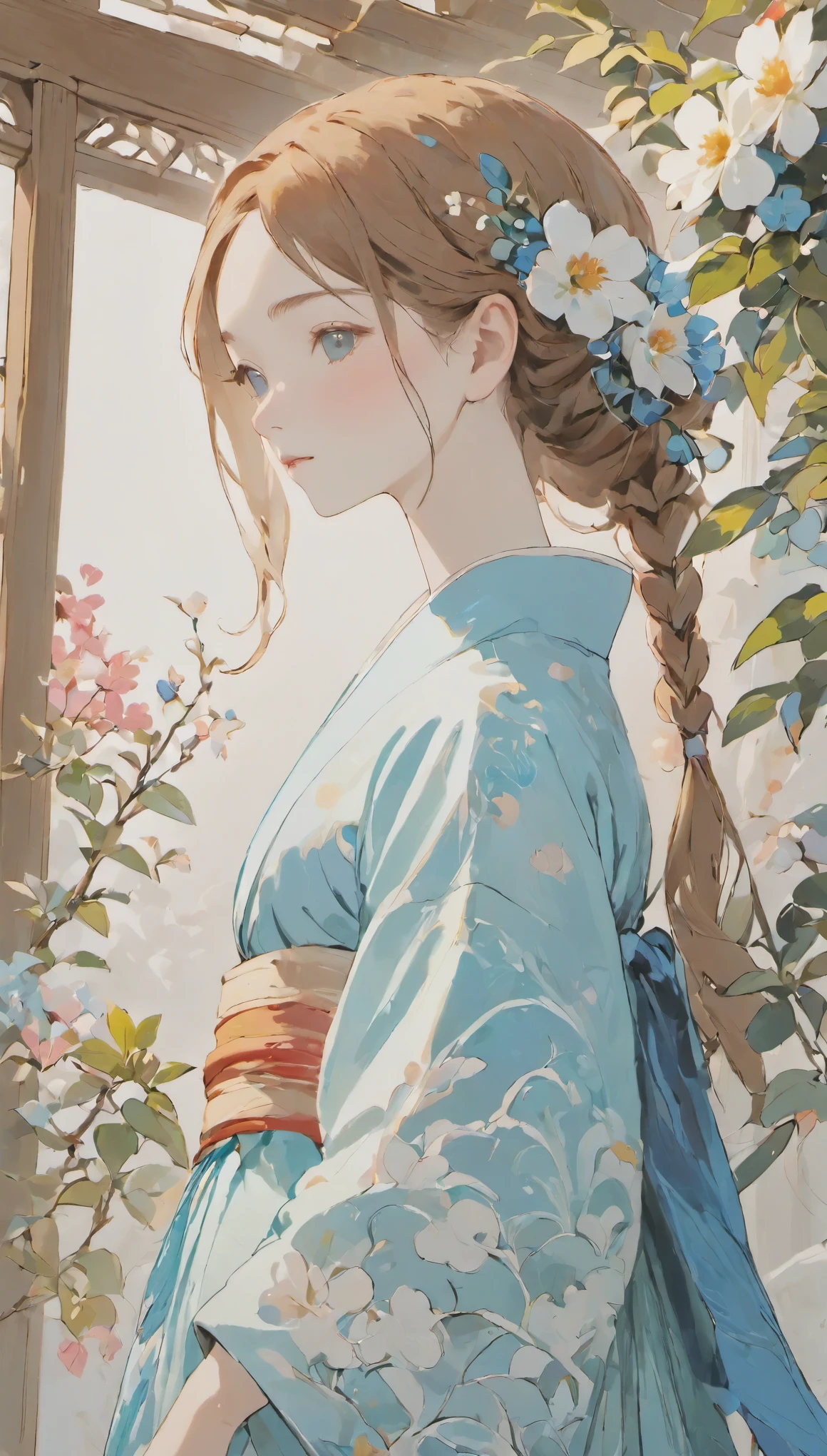 (((simple configuration)))、(((The background is a white wall:1.2)))、one girl、perfect anatomy、painterly、sketch、very delicate、wall with cloud-like pattern、、Floral、delicate depiction、abstract、Bright colors overall、Gentle color、Taisho romance、(masterpiece、highest quality、highest quality、official art、beautiful beautiful:1.2)、