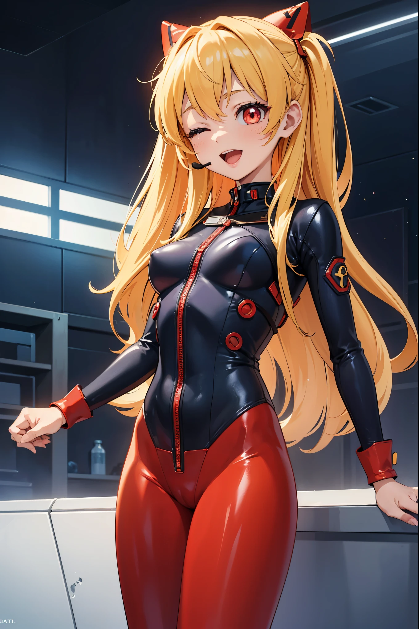 (Overhead view),dynamic angle,ultra-detailed, illustration, close-up, straight on, 1girl, 
 ((souryuu asuka langley, interface headset, red bodysuit:1.4, blonde)),Her eyes shone like dreamy stars,(glowing eyes:1.233),(beautiful and detailed eyes:1.1),(expressionless),(standing), Spell of the Last（prompt）
(masterpiece, best quality, ultra high res, perfect anatomy, extremely detailed),
BREAK,
1girl,
,
red eyes,
twintails,
black hair,
very large ribbon in hair,
idol costume,
BREAK,
(finger pointing),
(full face),
one eye closed,
(open mouth),
glow eyes,
smile,
stage light,
(mechanic room with toolsand spaceship windowin a white SPACESHIP),
(night:1.2),dreamy, [[delicate fingers and hands:0.55]::0.85],(detail fingers),