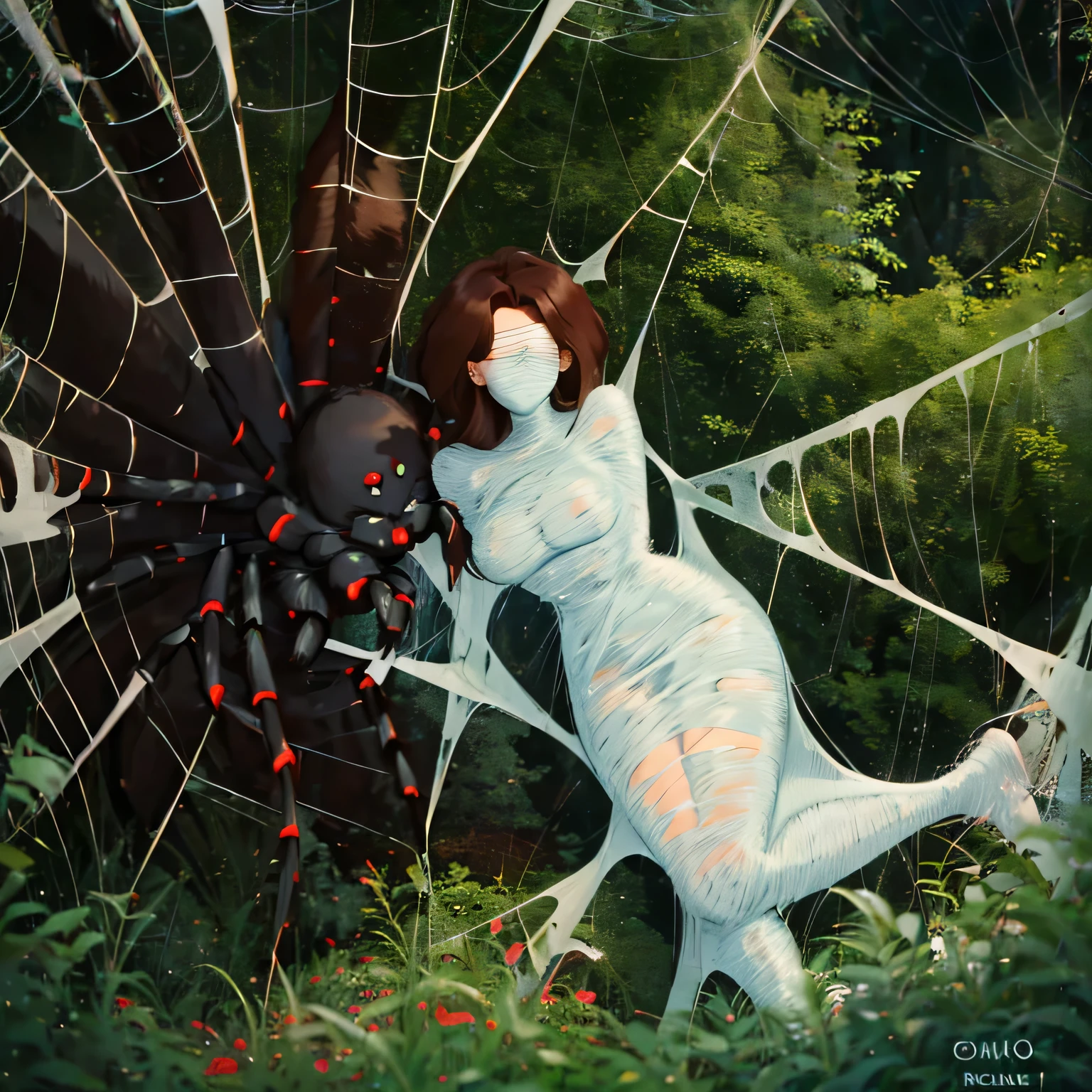 1girl,Spider weaves a net on a girl, very realistic, very detailed,bed,stretched, in the cemetery, struggle in the net,brown haired, very long sheer skirt,lying down,(blindfold:1.4),spider web,cocoon