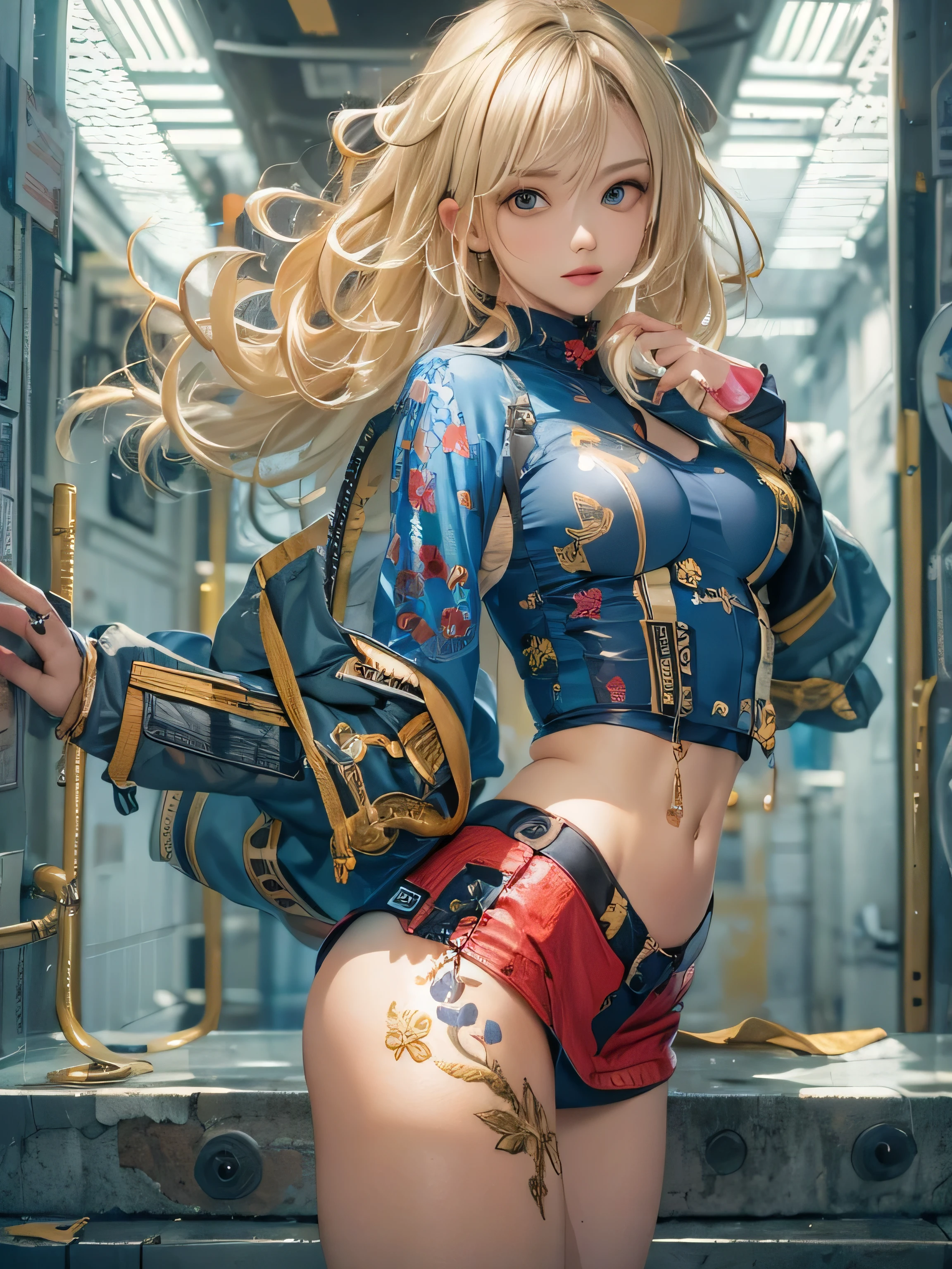 (photorealistic:1.8, highest quality:1.8,8K masterpiece:1.8,High resolution,muste piece:1.8,RAW Photos,cinematic lighting),No split screen, cyber punk、Highway at night、rain-soaked ground、vapor、
(1 android girl:1.3)、Completely naked、Full body tattoo、choker、beautiful breasts、T-shirt、denim micro mini skirt、beautiful butt,beautiful thighs,plump nipples、Nipples are visible through the costume,cameltoe,Body painting with a pop design drawn all over the body、pop art design、cutting edge fashion、conceptual art、
Provocative sexy poses、look back、spread your legs、raise your arms、
(Beautifully shining vermilion, blue, white and golden hair:1.5)、shining blue eyes、Stoic