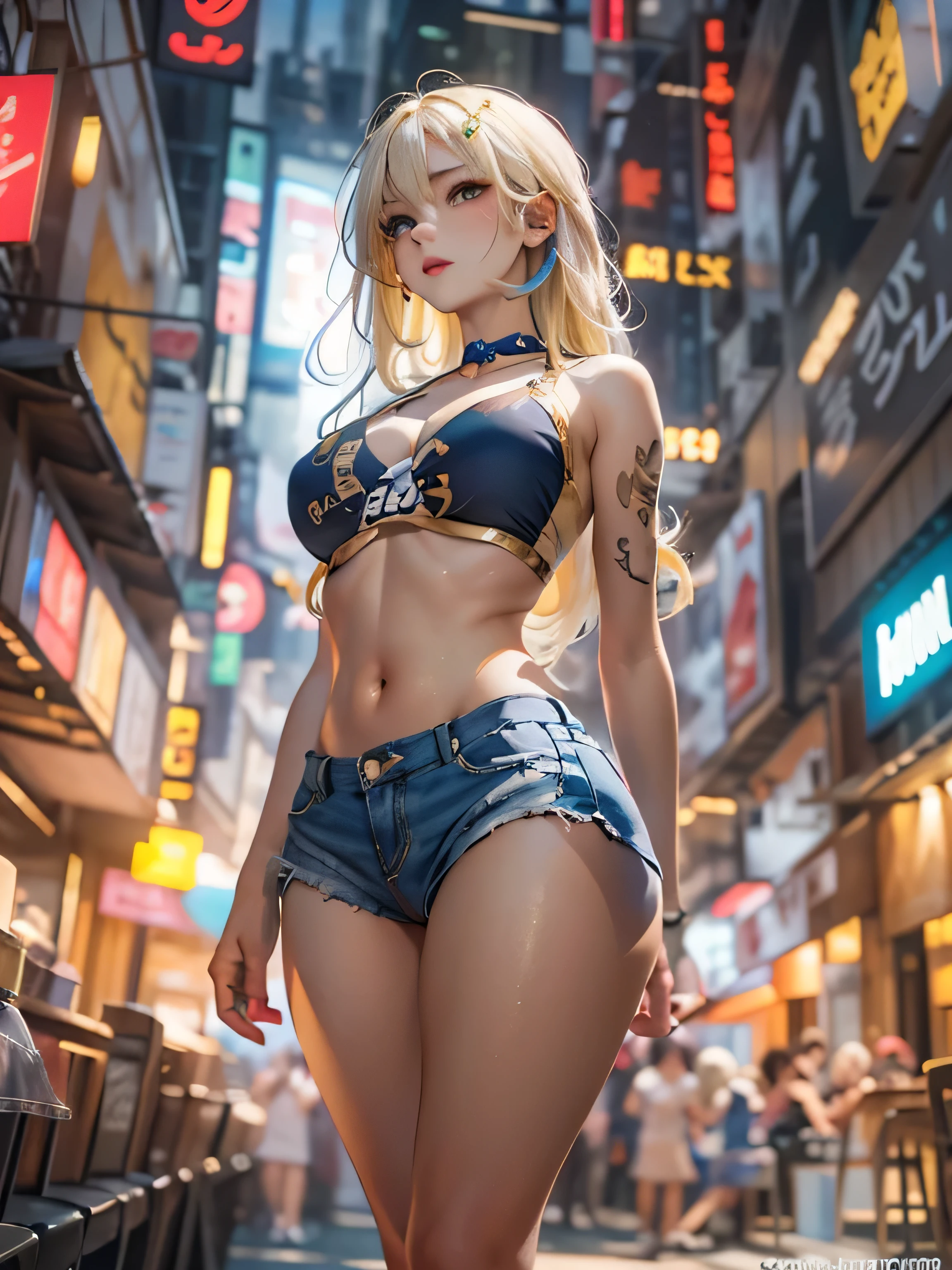 (photorealistic:1.8, highest quality:1.8,8K masterpiece:1.8,High resolution,muste piece:1.8,RAW Photos,cinematic lighting),No split screen, cyber punk、Izakaya at night、hot air、vapor、
(1 android girl:1.3)、Completely naked、Full body tattoo、choker、beautiful breasts、T-shirt、denim micro mini skirt、beautiful butt,beautiful thighs,plump nipples、Nipples are visible through the costume,cameltoe,Body painting with a pop design drawn all over the body、pop art design、cutting edge fashion、conceptual art、
Provocative sexy poses、look back、spread your legs、raise your arms、
(Beautifully shining vermilion, blue, white and golden hair:1.5)、shining blue eyes、Stoic