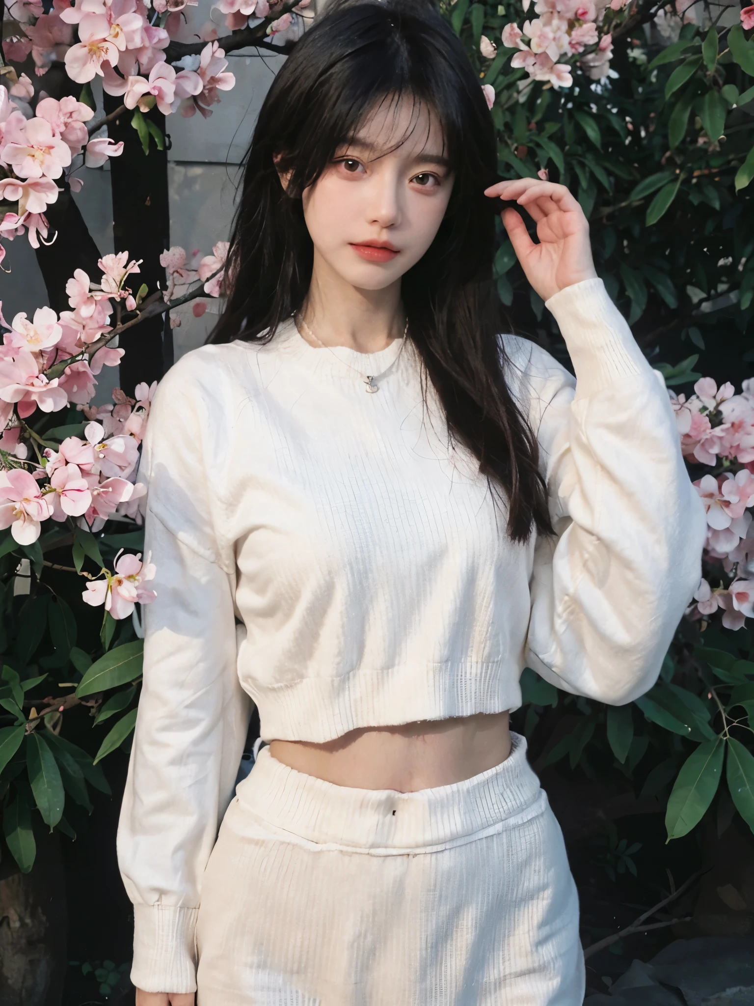 best quality， ultra high resolution， （realistically：1.4），Baoyu Girl，1 girl, long, straight hair，Looking into the distance，Under the cherry blossom tree，red short sweater，a sense of atmosphere，Beautiful woman with slim figure:1.4, abdominal muscles:1.1,,Super thin face，exquisite eyes，double eyelids，necklace