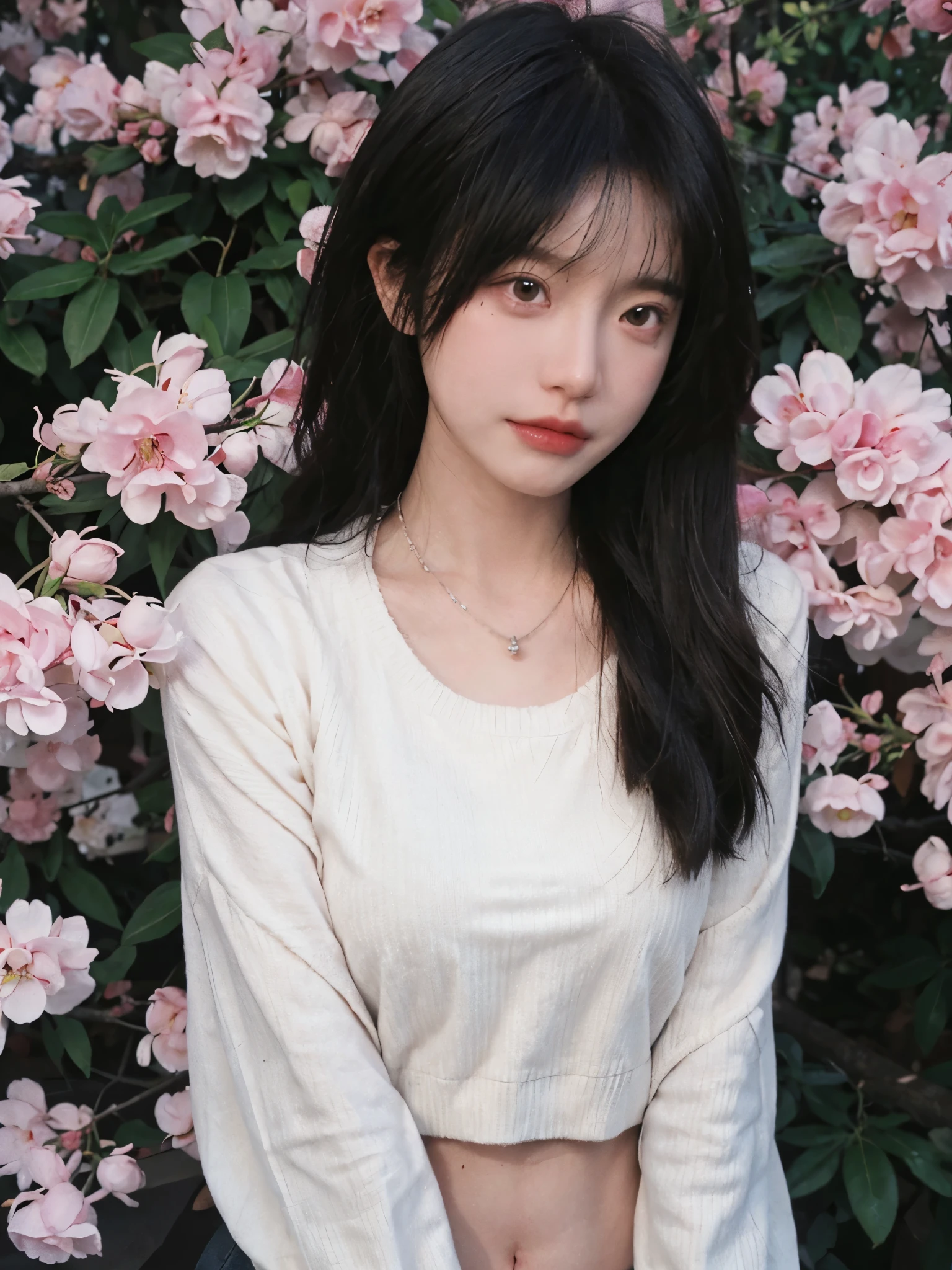 best quality, ultra high resolution, (realistically:1.4),Baoyu Girl,1 girl, long, straight hair,Looking into the distance,Under the cherry blossom tree,red short sweater,a sense of atmosphere,Beautiful woman with slim figure:1.4, abdominal muscles:1.1,,Super thin face,exquisite eyes,double eyelids,necklace