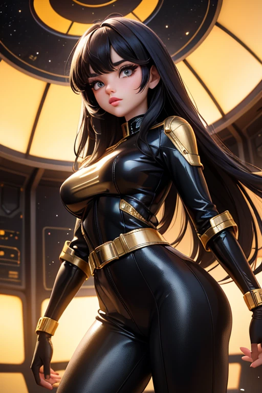 Best quality, 8K, woman space retro futurism, beautiful and detailed face, red curly long hair, bangs,big eyelashes,LOOKING TO observer,TAN bodystocking, black belt,sci-fi RETRO SPACESHIP scenario