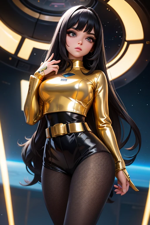 Best quality, 8K, woman space retro futurism, beautiful and detailed face, red curly long hair, bangs,big eyelashes,LOOKING TO observer,TAN bodystocking, black belt,sci-fi RETRO SPACESHIP scenario