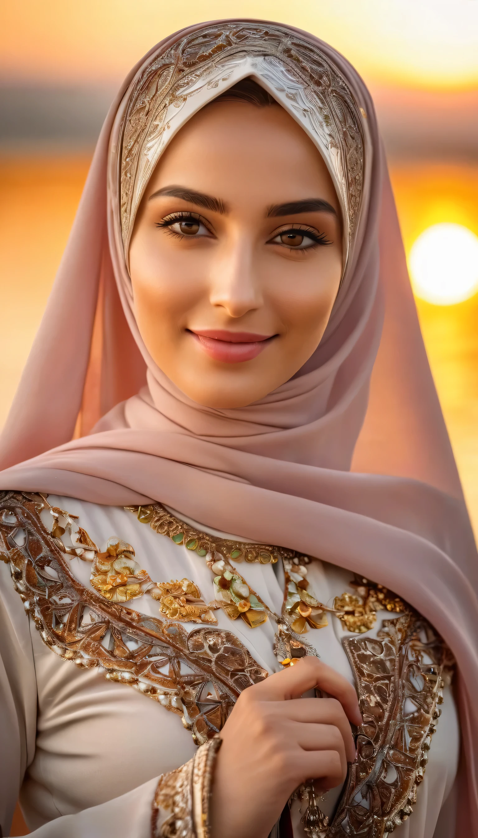 8K Ultra HD, a young beautiful lady with a long islamic dress, pale skin , warm smile, beautiful face ,wearing hijab , sunset coast should serve as the underlying backdrop, with its details incorporated into the goddess , crisp lines, The background is warm, sharp focus, 800mm lens, realistic , hyperrealistic, photography, professional photography, deep photography, ultra HD, very high quality, best quality, mid quality, HDR photo, focus photo, deep focus, very detailed, original photo, original photo, ultra sharp, nature photo, masterpiece, award winning, shot with hasselblad x2d